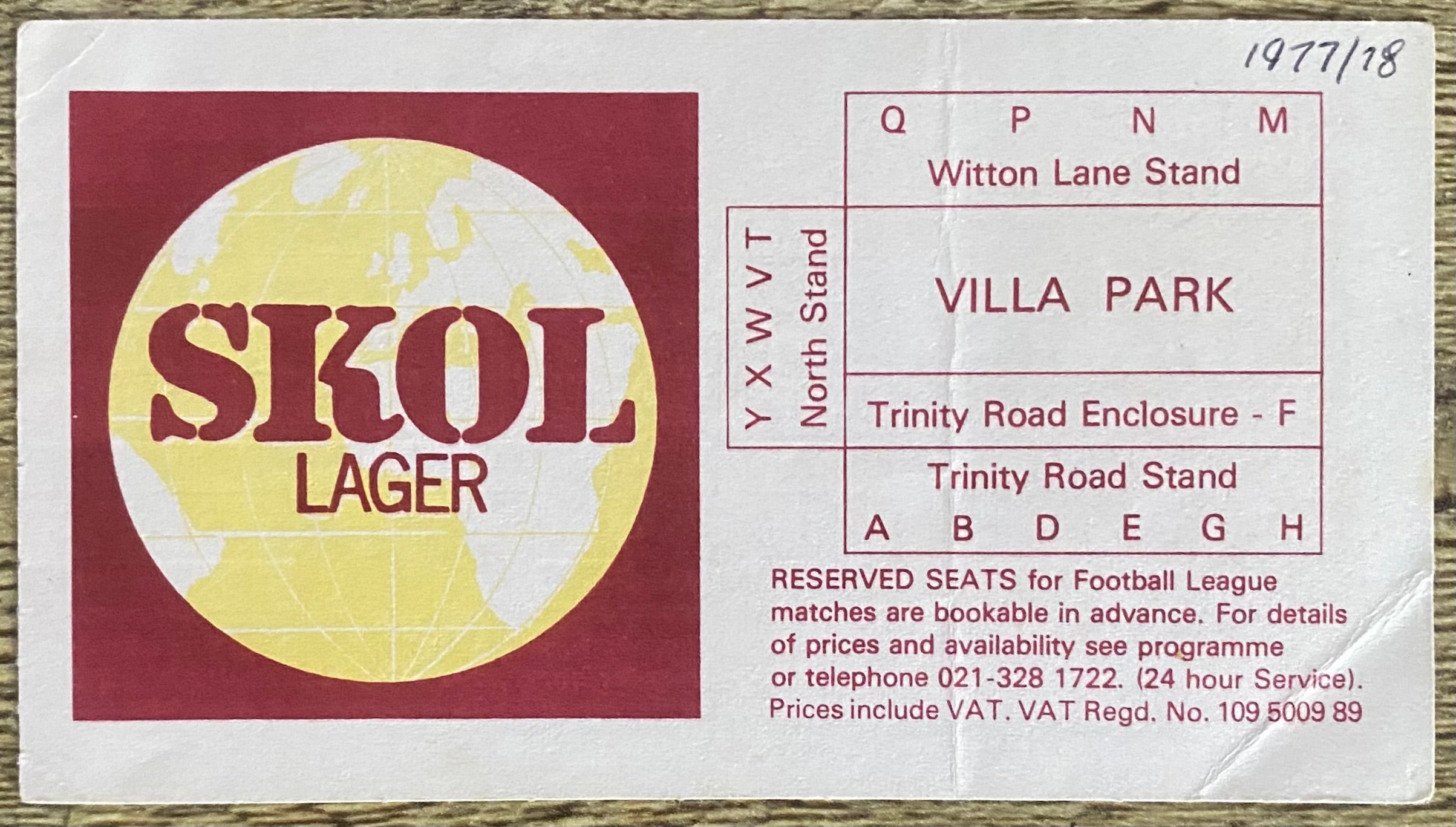 1977/78 ORIGINAL DIVISION 1 TICKET ASTON VILLA V WEST BROMWICH ALBION