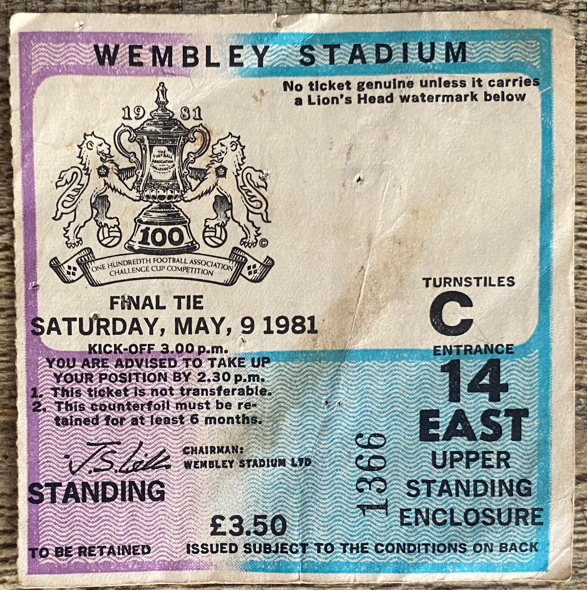 1981 ORIGINAL FA CUP FINAL TICKET TOTTENHAM HOTSPUR V MANCHESTER CITY