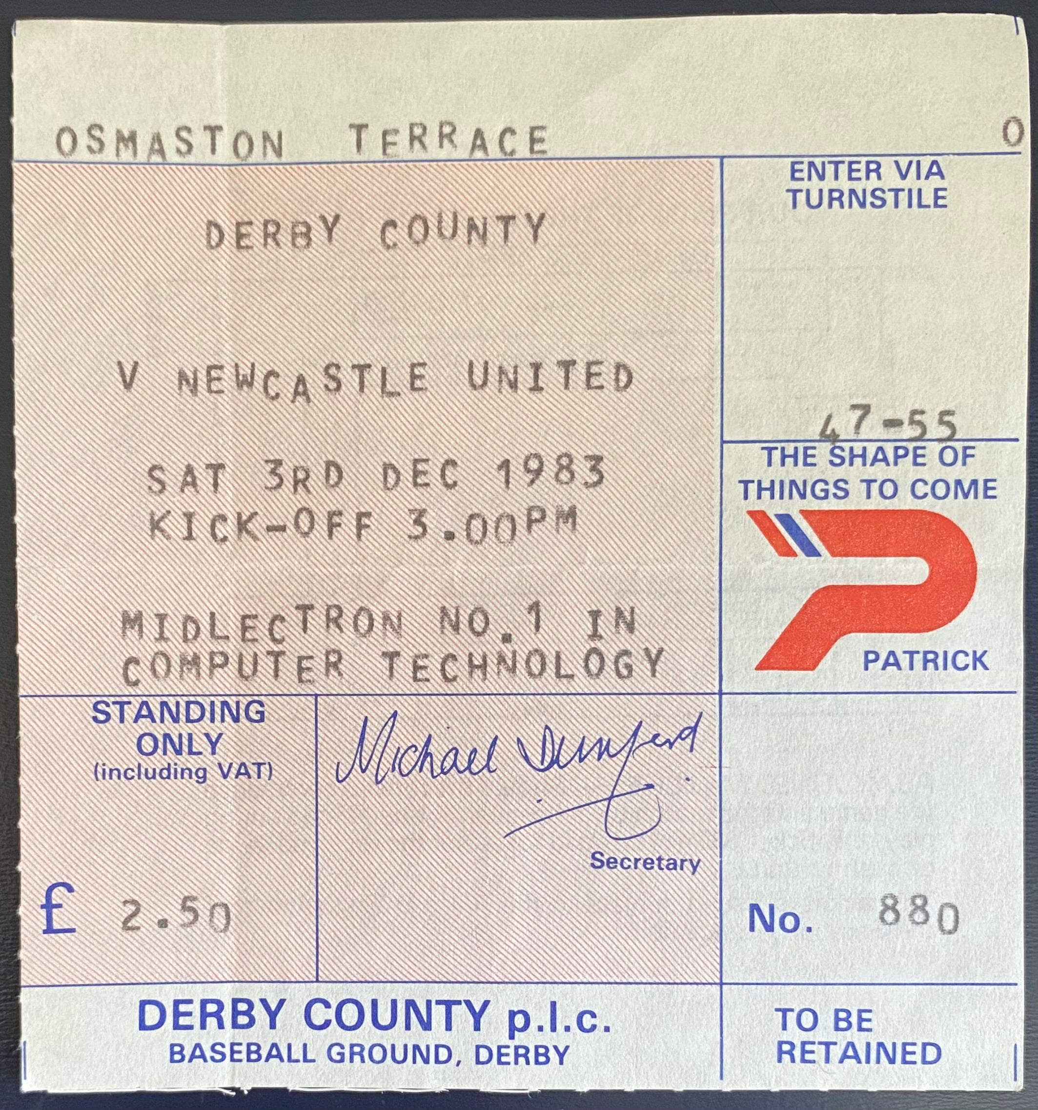 1983/84 ORIGINAL DIVISION 2 TICKET DERBY COUNTY V NEWCASTLE UNITED