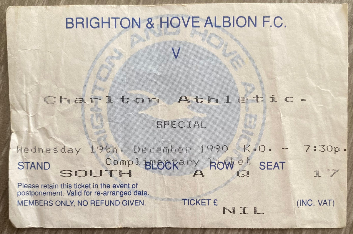 1990/91 ORIGINAL ZENITH DATA SYSTEMS CUP 2ND ROUND TICKET BRIGHTON AND HOVE ALBION V CHARLTON ATHLETIC
