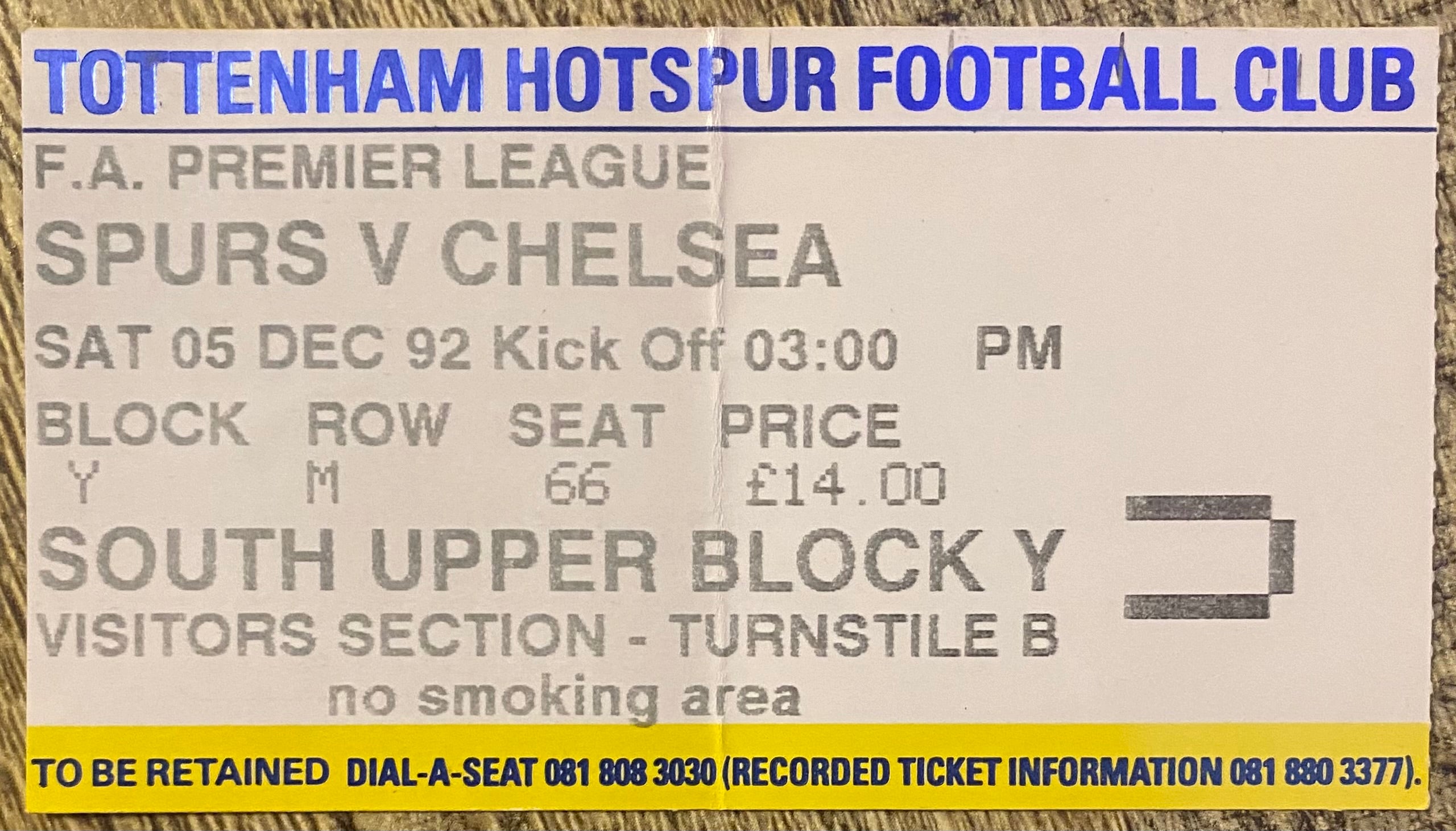 1992/93 ORIGINAL PREMIER LEAGUE TICKET TOTTENHAM HOTSPUR V CHELSEA