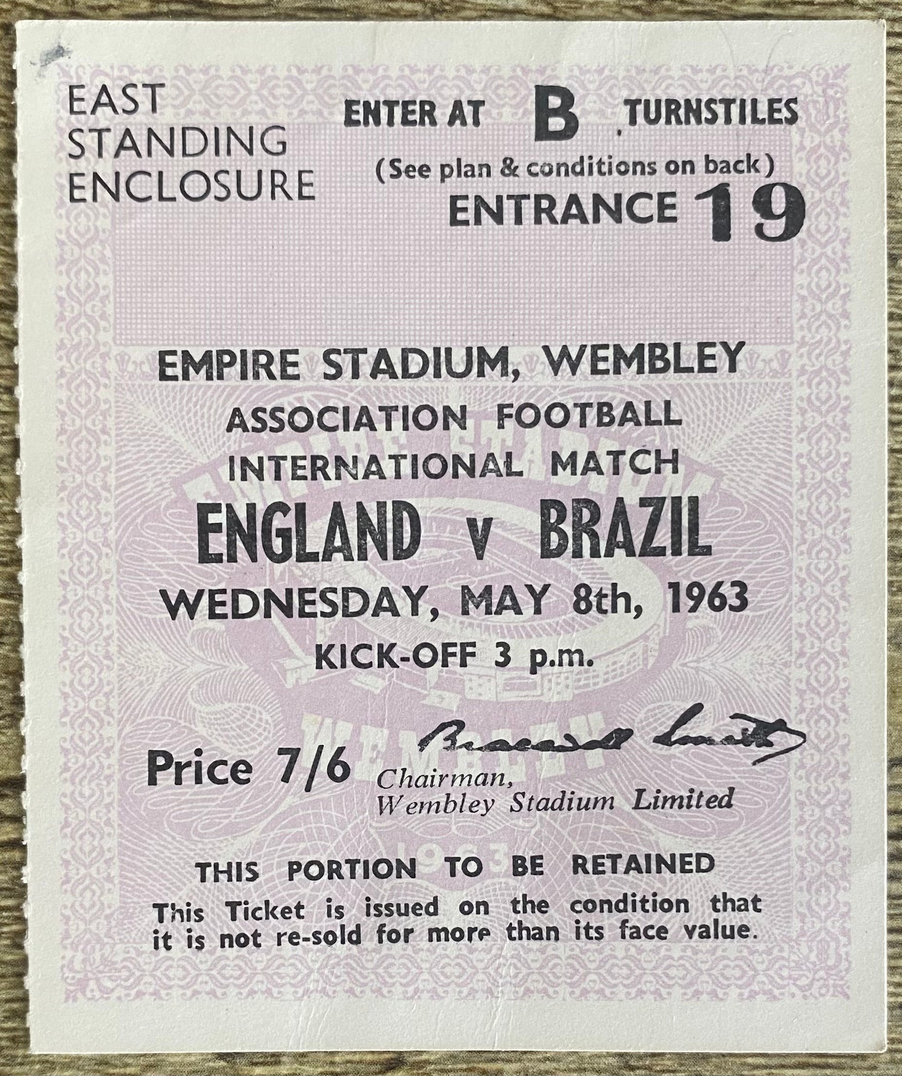 1963 ORIGINAL INTERNATIONAL TICKET ENGLAND V BRAZIL