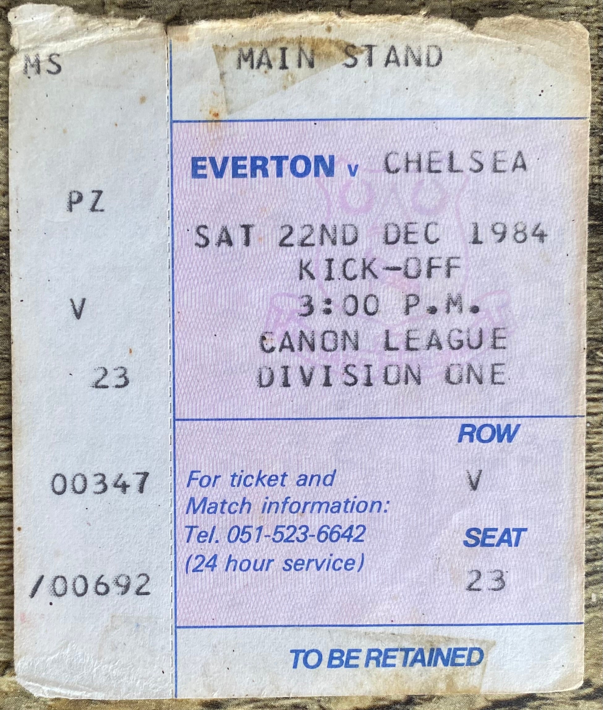 1984/85 ORIGINAL DIVISION ONE TICKET EVERTON V CHELSEA