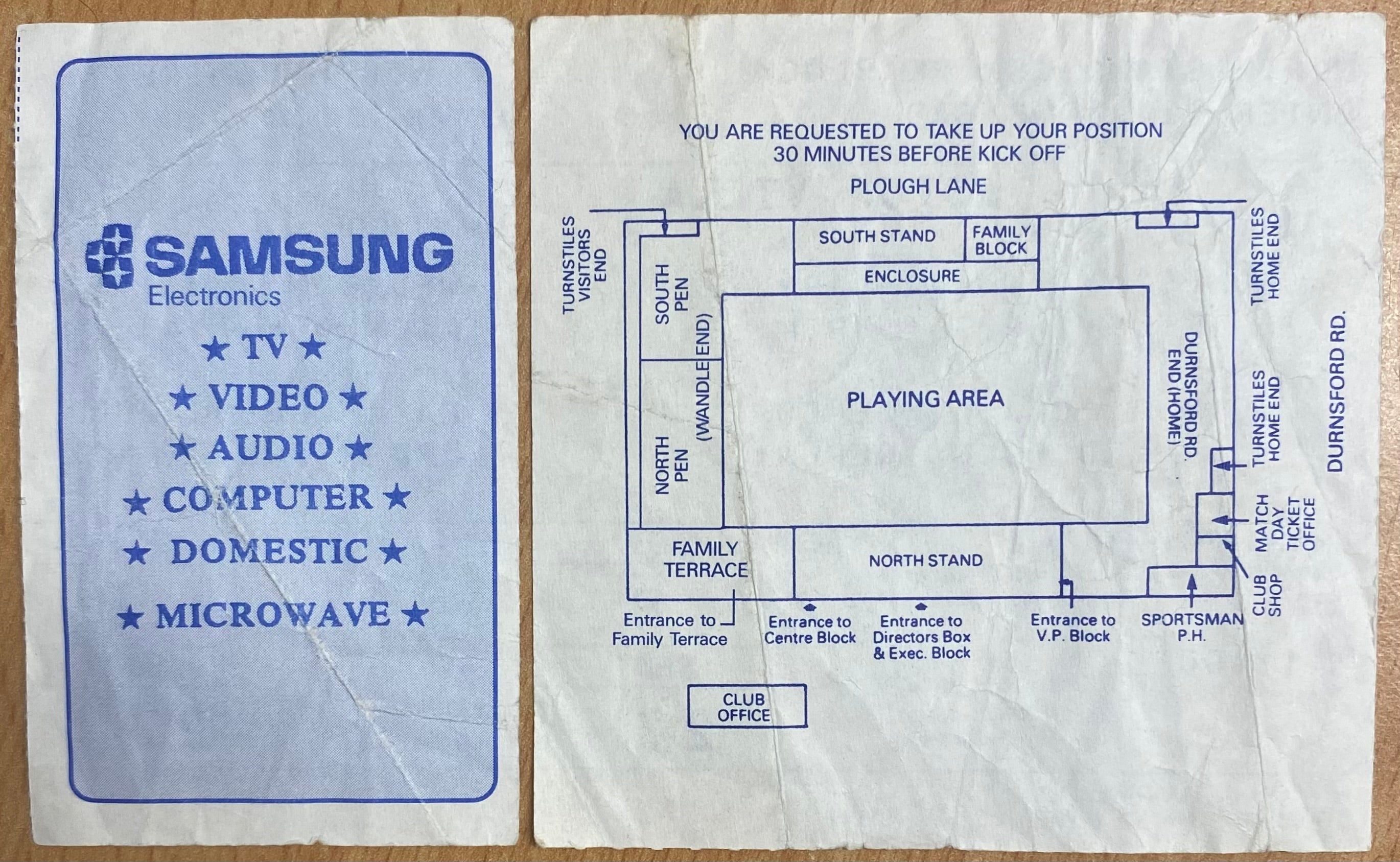 1990/91 ORIGINAL FA CUP 3RD ROUND REPLAY TICKET WIMBLEDON V ASON VILLA (COMPLETE)