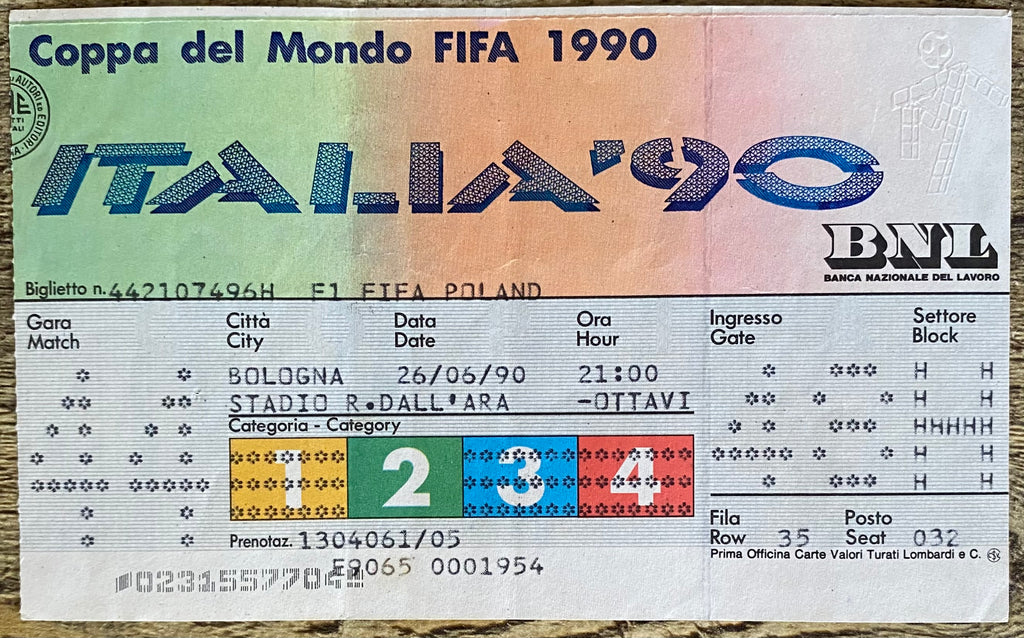1990 ORIGINAL WORLD CUP 2ND ROUND TICKET ENGLAND V BELGIUM @ BOLOGNA