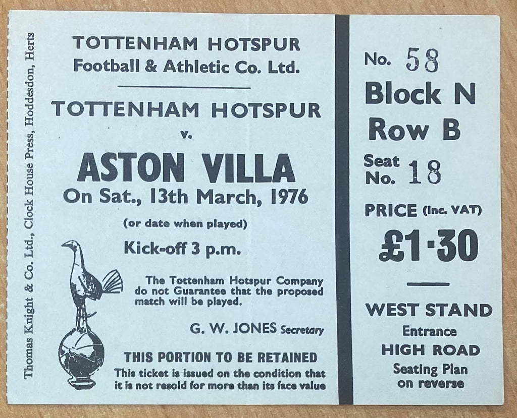 1975/76 ORIGINAL DIVISION ONE TICKET TOTTENHAM HOTSPUR V ASTON VILLA
