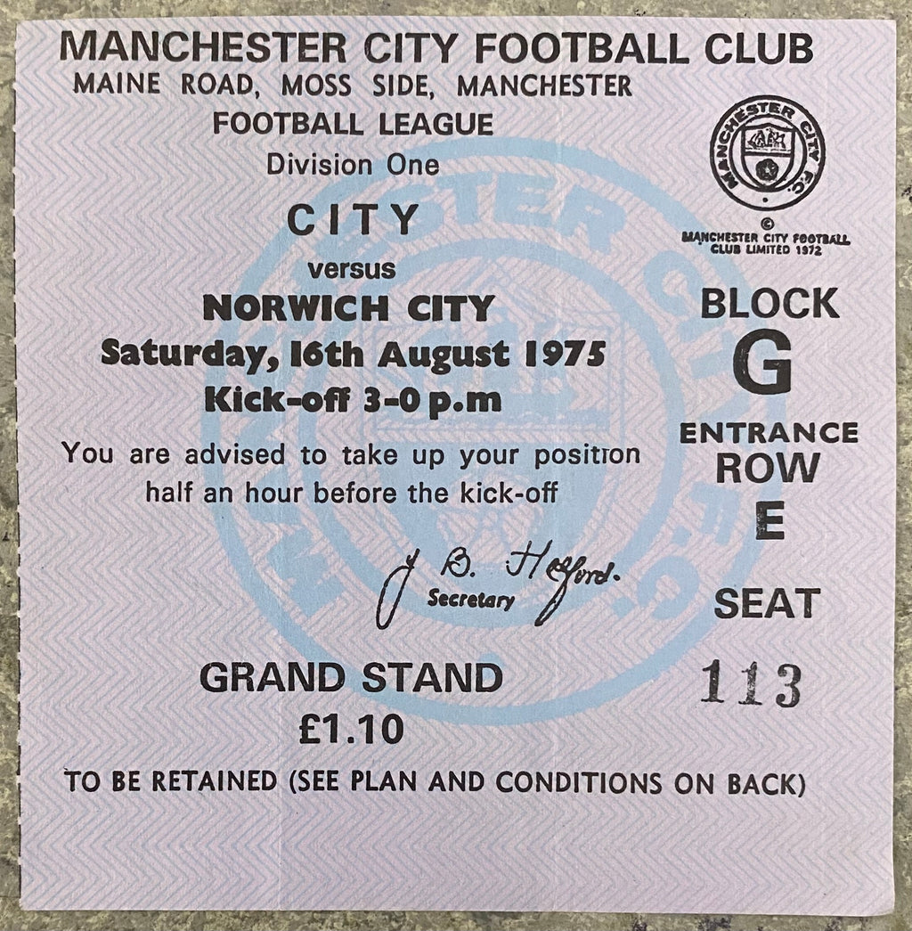 1975/76 ORIGINAL DIVISION 1 TICKET MANCHESTER CITY V NORWICH CITY