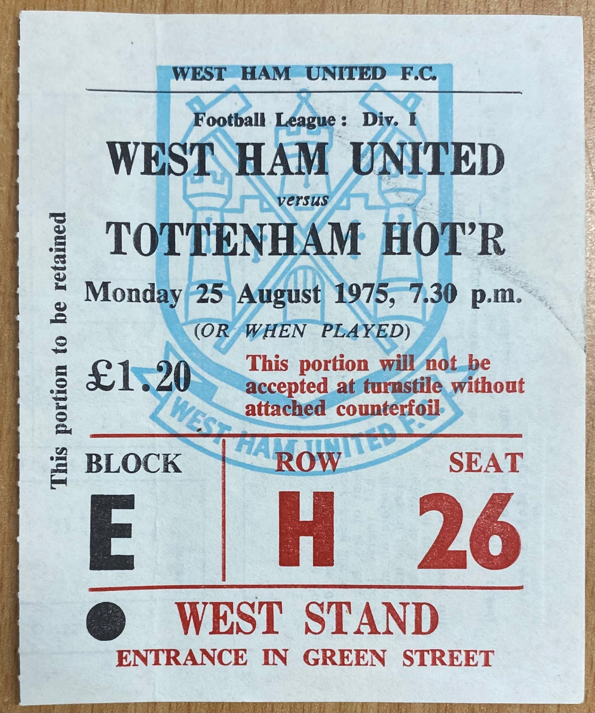 1975/76 ORIGINAL DIVISION ONE TICKET WEST HAM UNITED V TOTTENHAM HOTSPUR