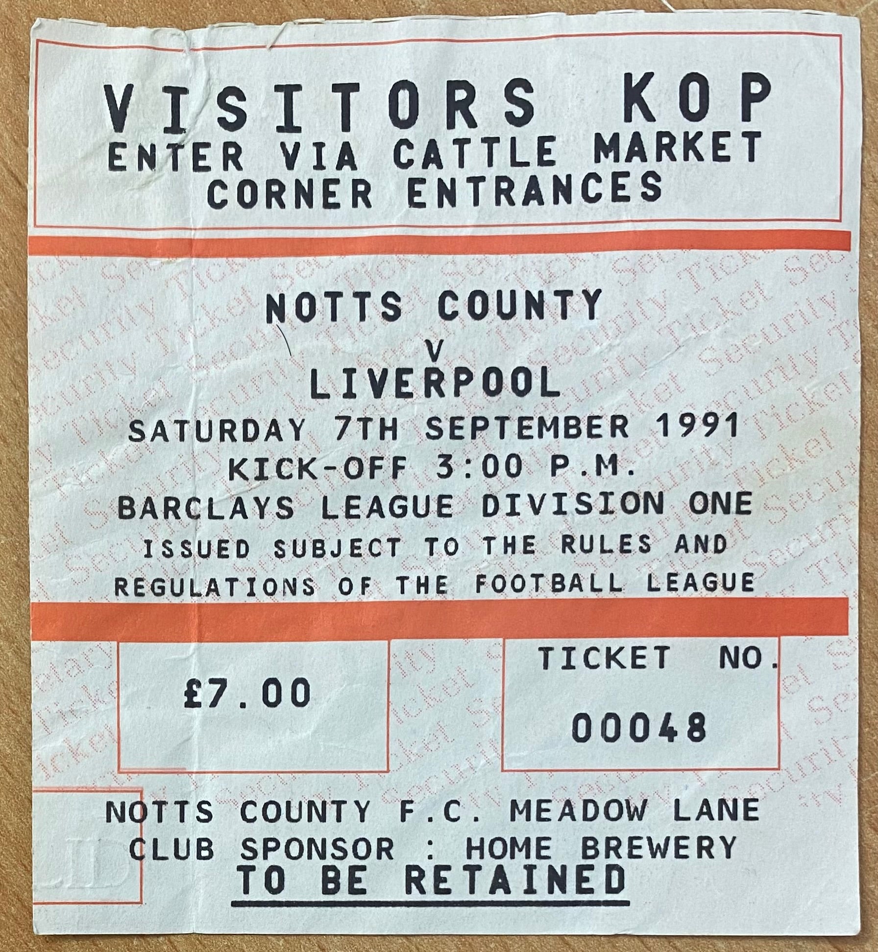 1991/92 ORIGINAL DIVISION 1 TICKET NOTTS COUNTY V LIVERPOOL