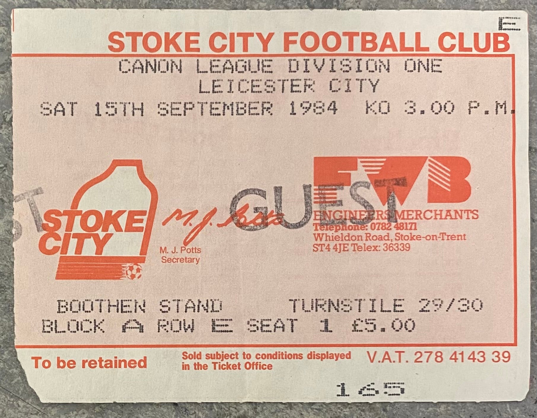1984/85 ORIGINAL DIVISION 1 TICKET STOKE CITY V LEICESTER CITY