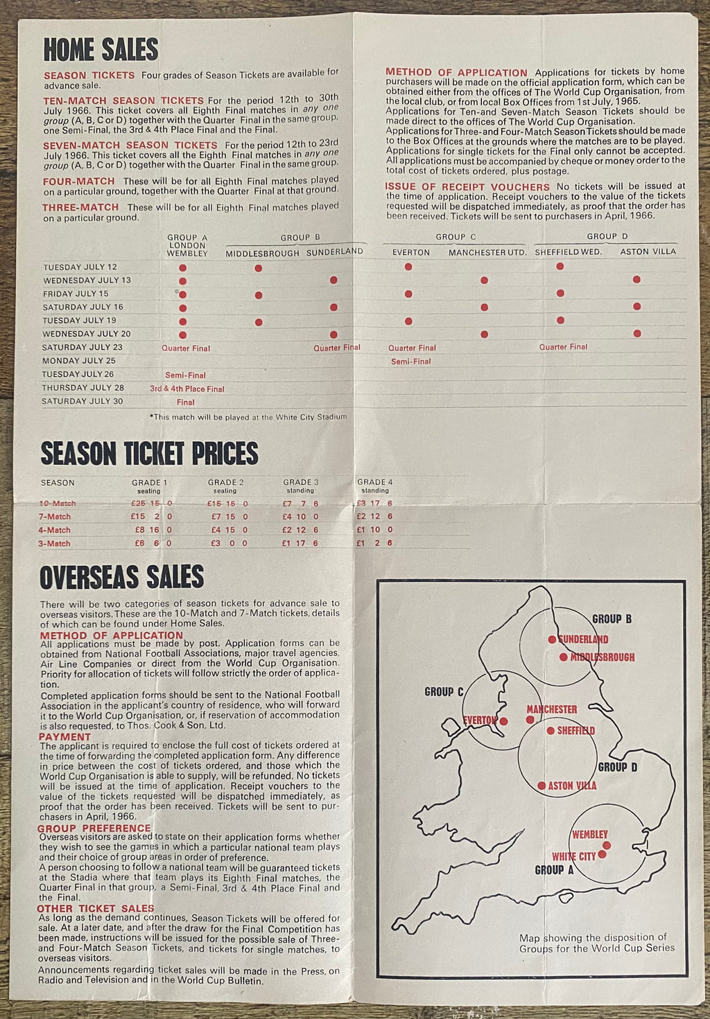 1966 WORLD CUP ORIGINAL OFFICIAL TICKET INFORMATION FOLD OUT BOOKLET