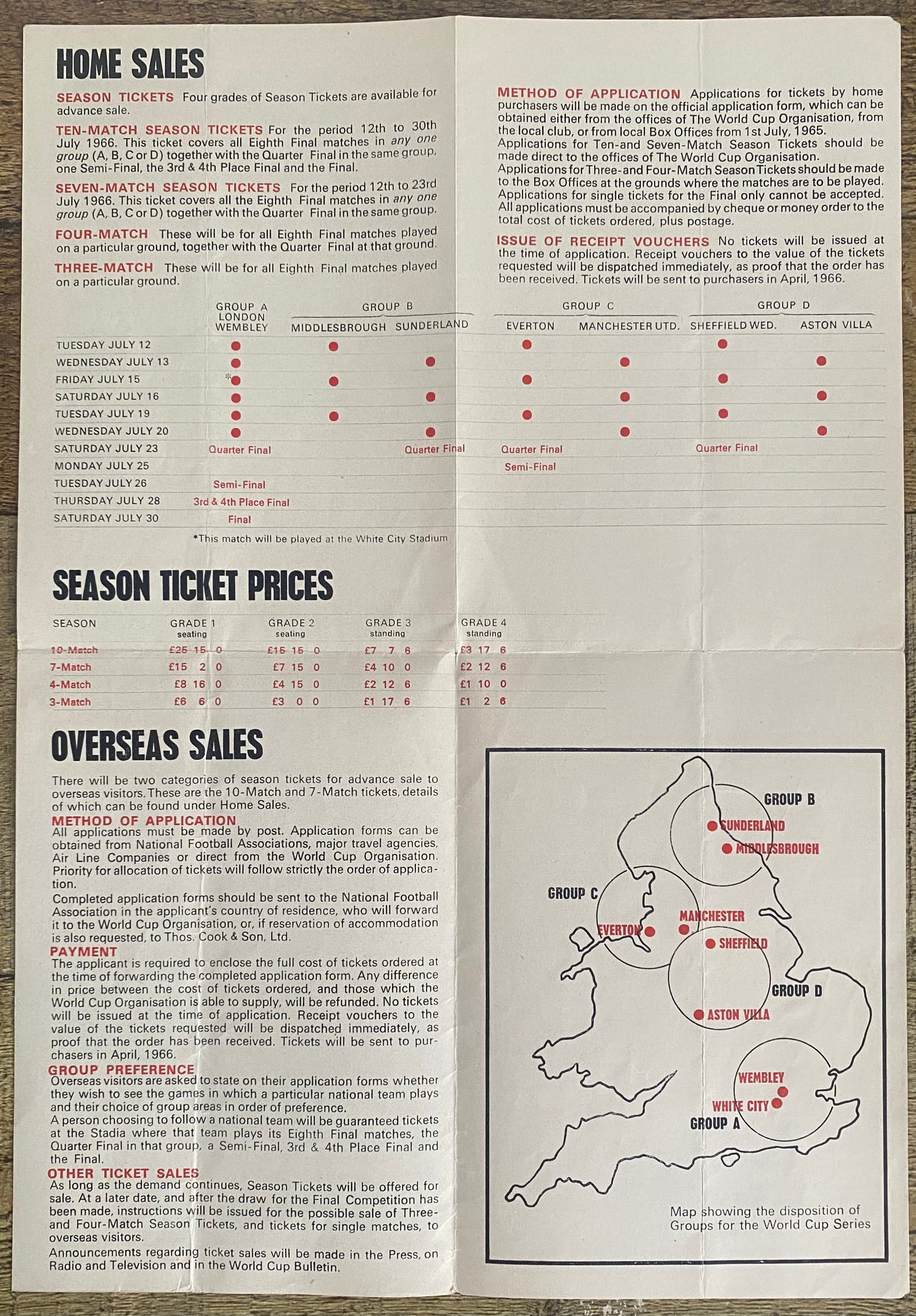 1966 WORLD CUP ORIGINAL OFFICIAL TICKET INFORMATION FOLD OUT BOOKLET
