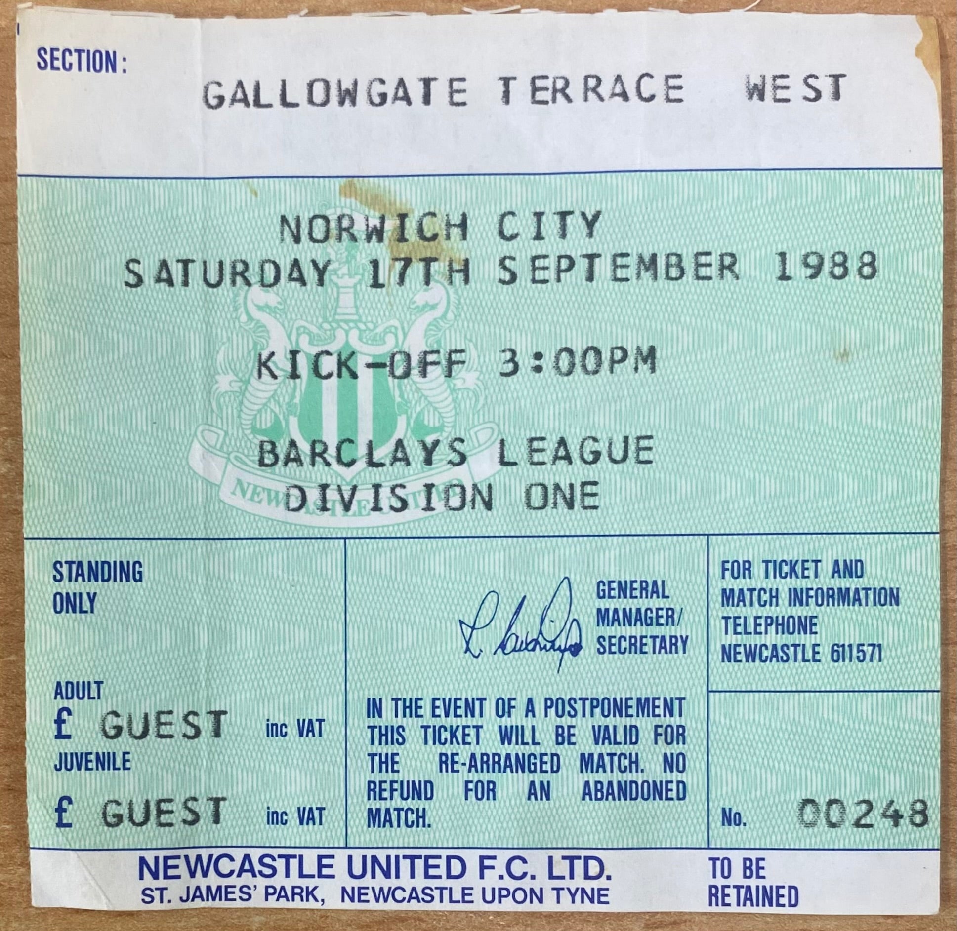 1988/89 ORIGINAL DIVISION 1 TICKET NEWCASTLE UNITED V NORWICH CITY