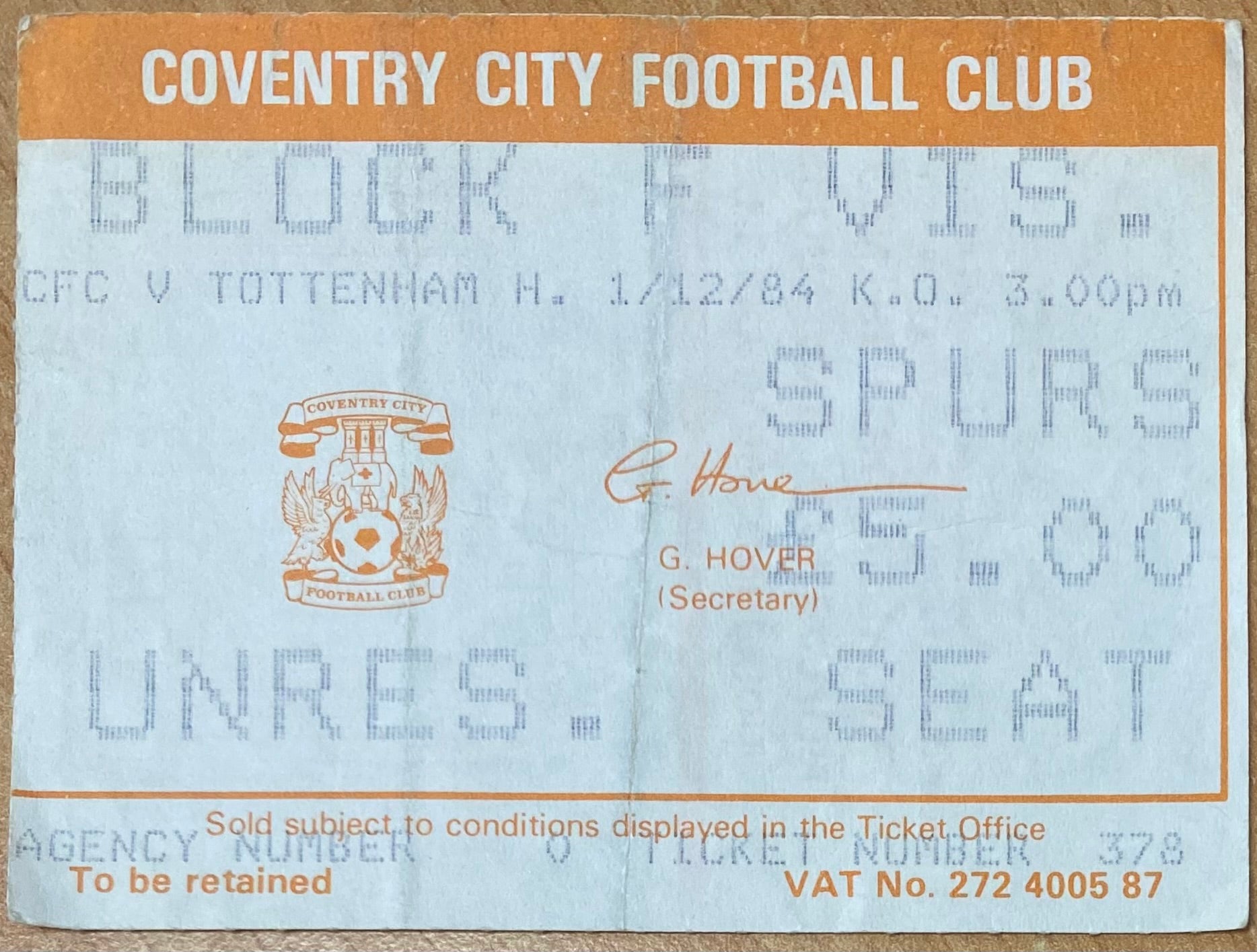 1984/85 ORIGINAL DIVISION ONE TICKET COVENTRY CITY V TOTTENHAM HOTSPUR