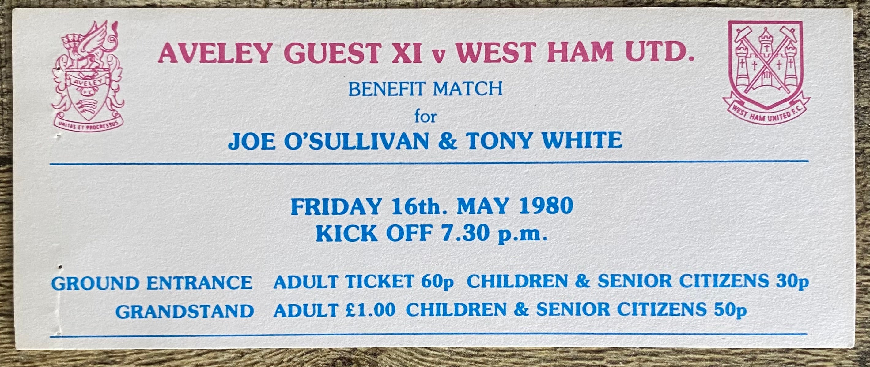 1980 ORIGINAL BENEFIT MATCH TICKET AVELEY GUEST XI V WEST HAM UNITED