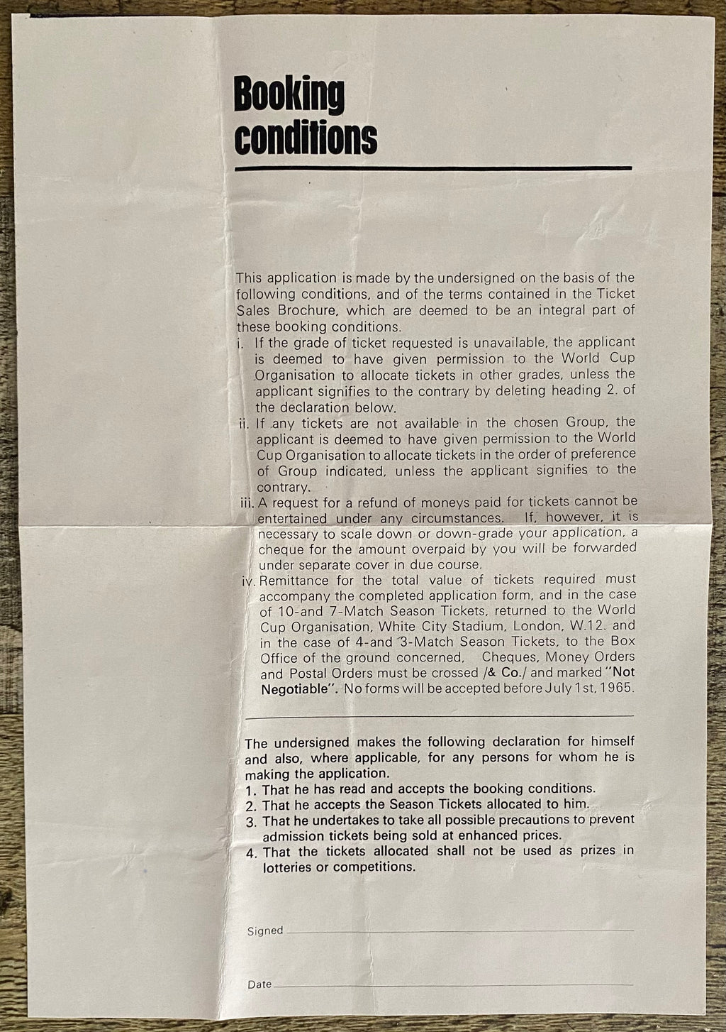 1966 WORLD CUP ORIGINAL OFFICIAL TICKET APPLICATION FORM
