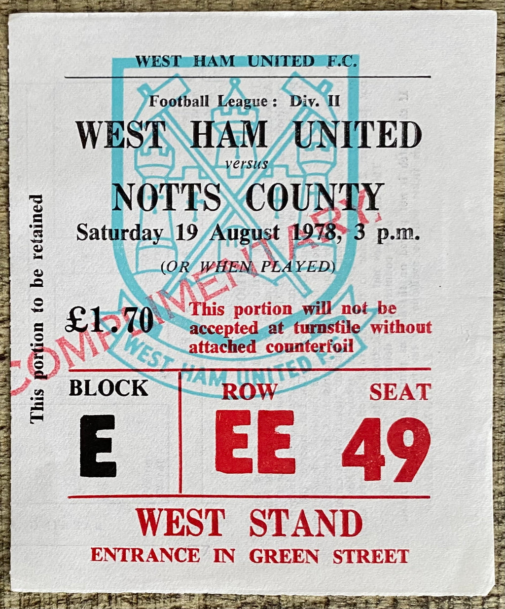 1978/79 ORIGINAL DIVISION 2 TICKET WEST HAM UNITED V NOTTS COUNTY