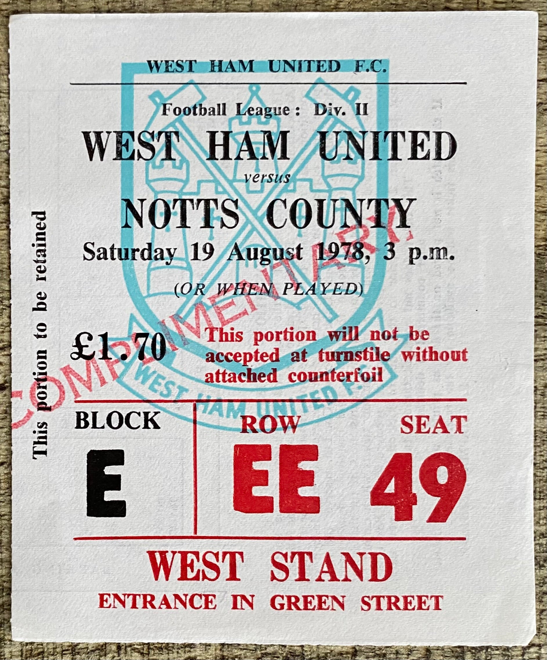 1978/79 ORIGINAL DIVISION 2 TICKET WEST HAM UNITED V NOTTS COUNTY