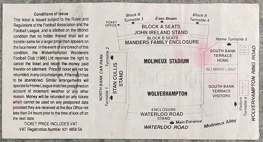 1992/93 ORIGINAL DIVISION 1 TICKET WOLVERHAMPTON WANDERERS V LEICESTER CITY