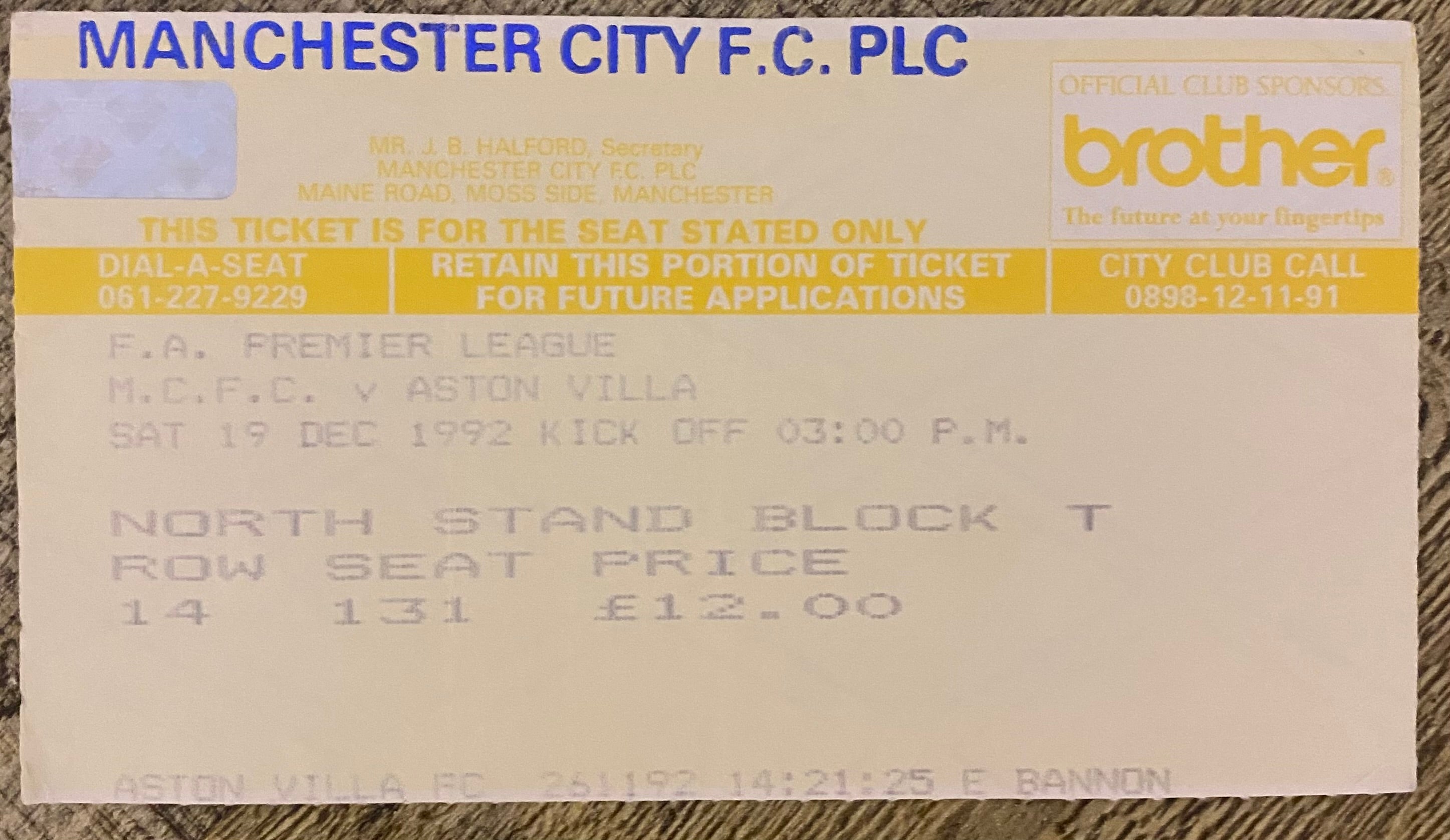1992/93 ORIGINAL PREMIER LEAGUE TICKET MANCHESTER CITY V ASTON VILLA