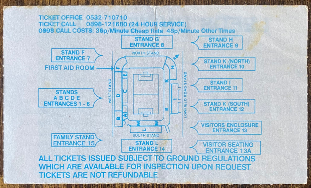 1992/93 ORIGINAL PREMIER LEAGUE TICKET LEEDS UNITED V ARSENAL
