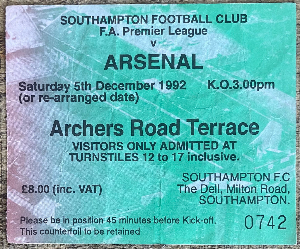 1992/93 ORIGINAL PREMIER LEAGUE TICKET SOUTHAMPTON V ARSENAL