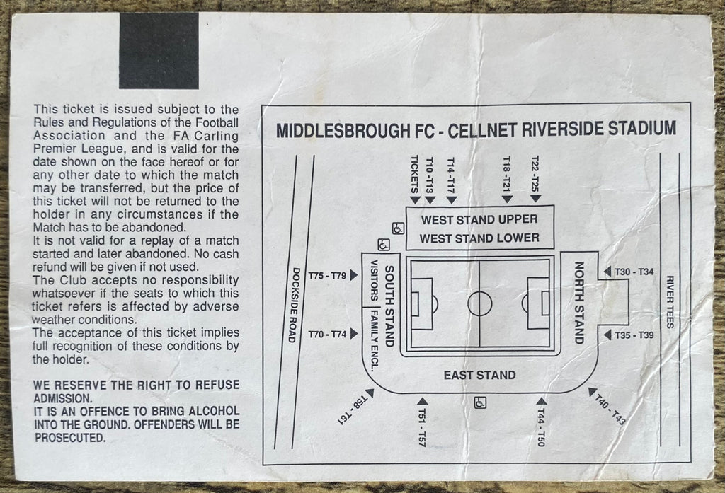 1996 ORIGINAL WILLIE MADDREN TESTIMONIAL TICKET MIDDLESBROUGH V INTER MILAN