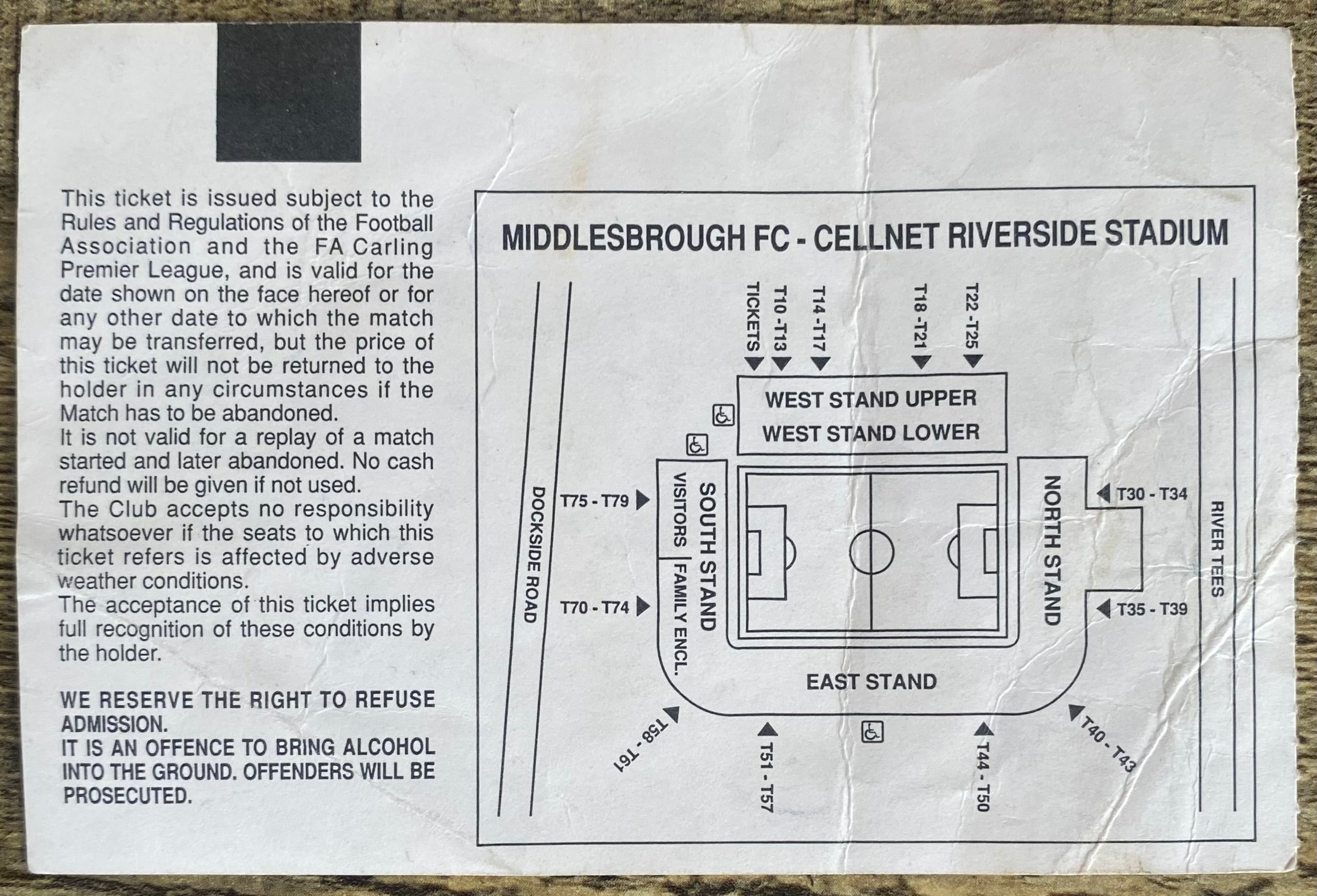 1996 ORIGINAL WILLIE MADDREN TESTIMONIAL TICKET MIDDLESBROUGH V INTER MILAN