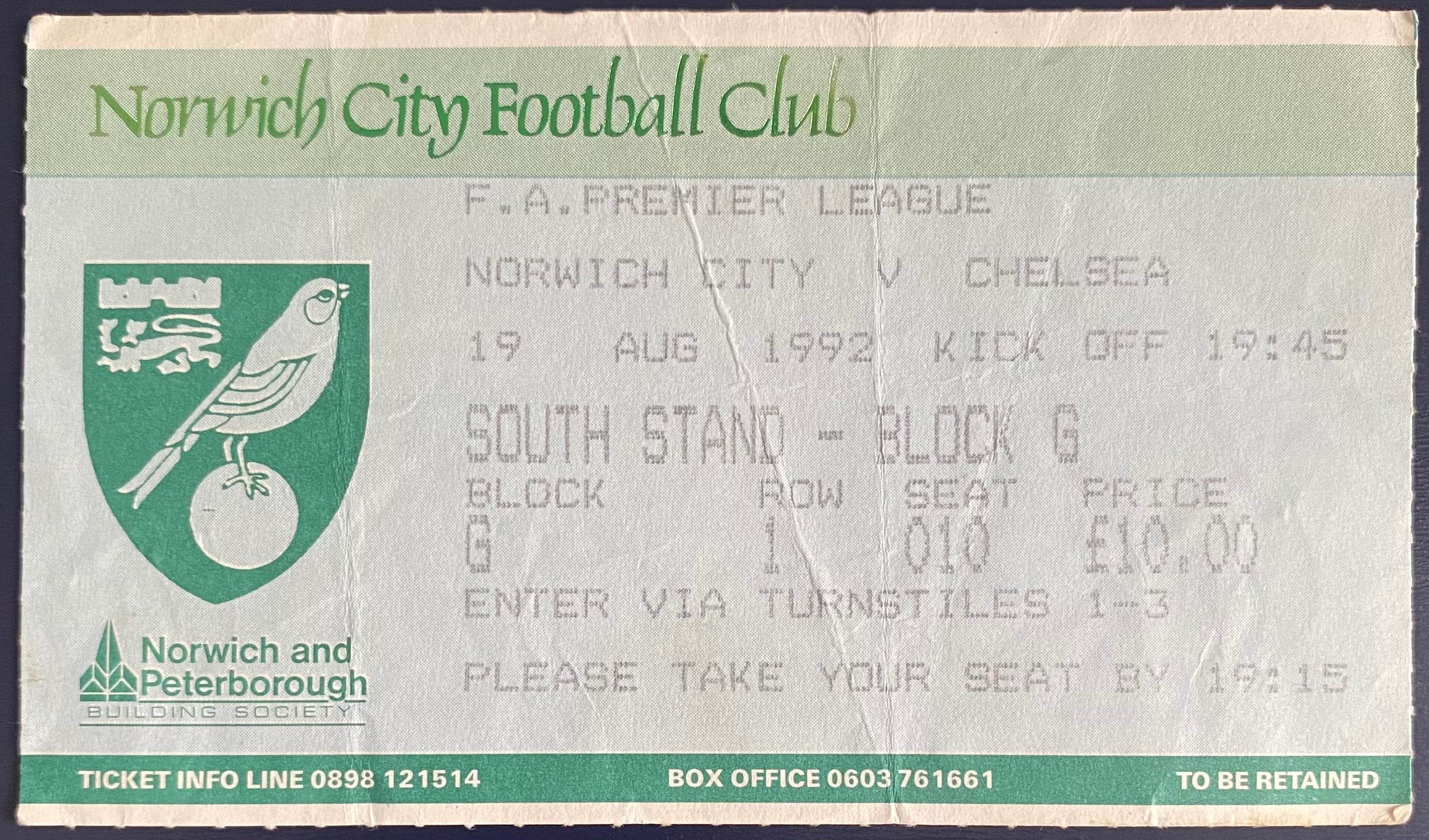 1992/93 ORIGINAL FA PREMIER LEAGUE TICKET NORWICH CITY V CHELSEA
