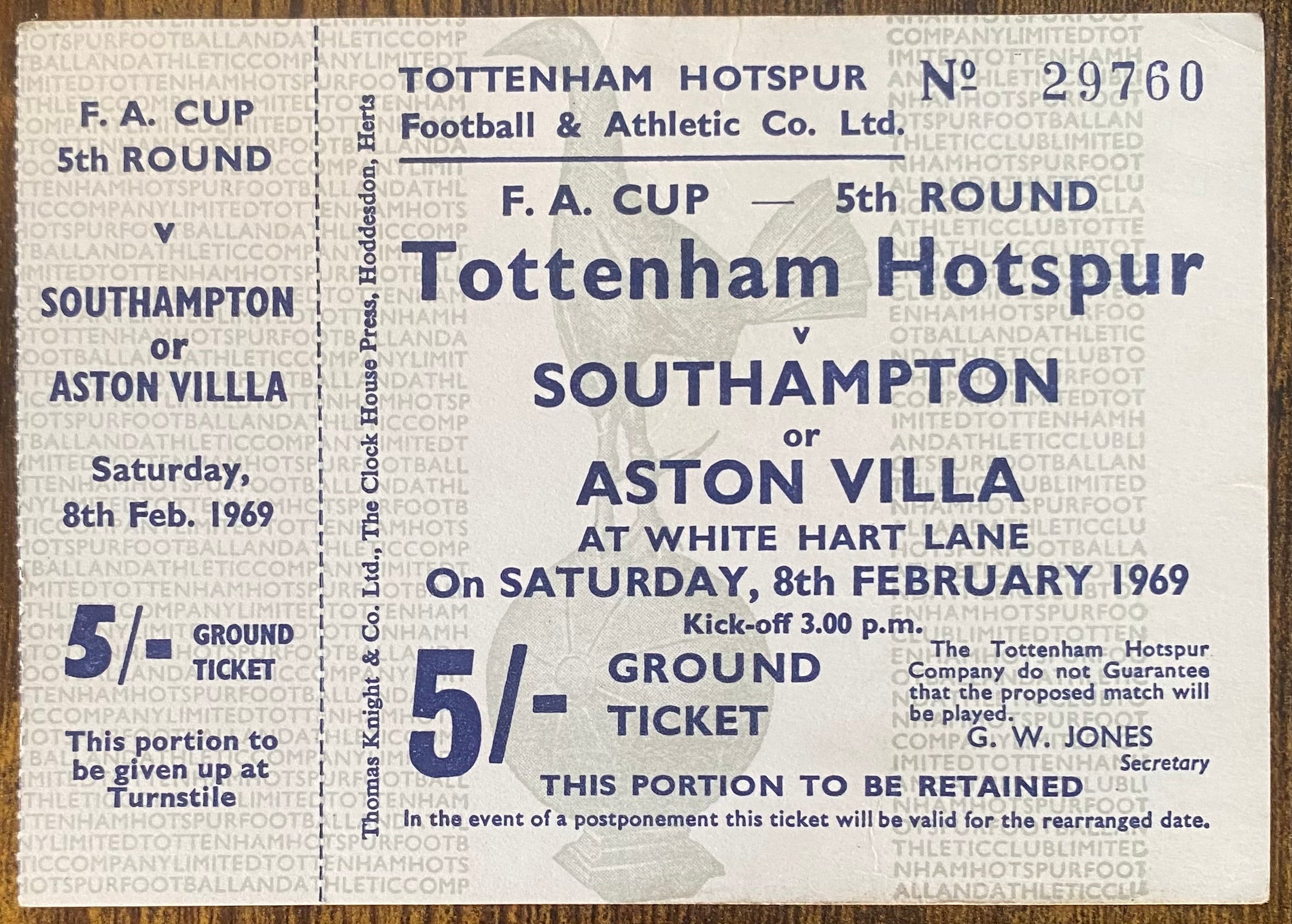 1968/69 ORIGINAL FA CUP 5TH ROUND UNUSED TICKET TOTTENHAM HOTSPUR V ASTON VILLA