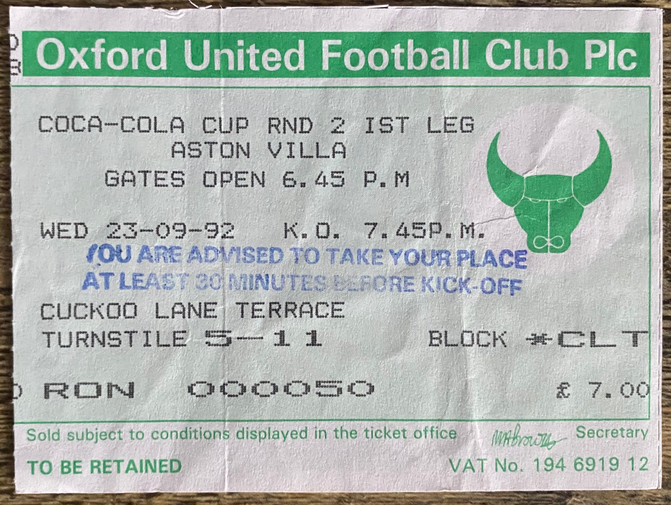 1992/93 ORIGINAL COCA COLA CUP 2ND ROUND 1ST LEG TICKET OXFORD UNITED V ASTON VILLA