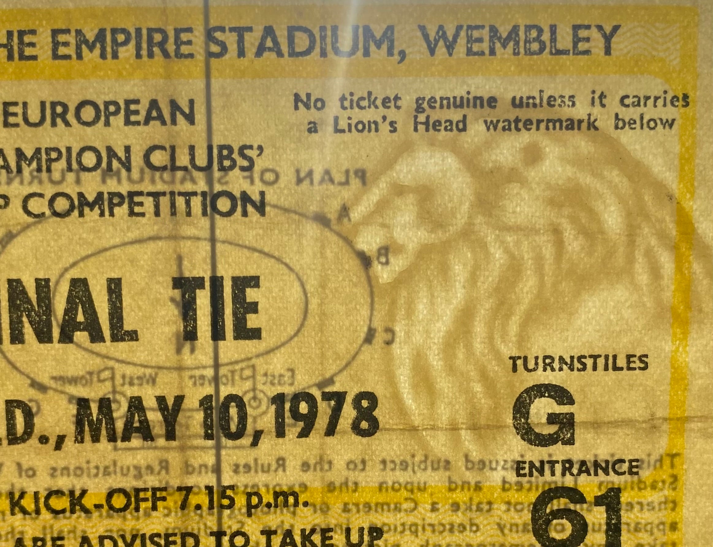 1978 ORIGINAL EUROPEAN CUP FINAL TICKET LIVERPOOL V FC BRUGES @ WEMBLEY