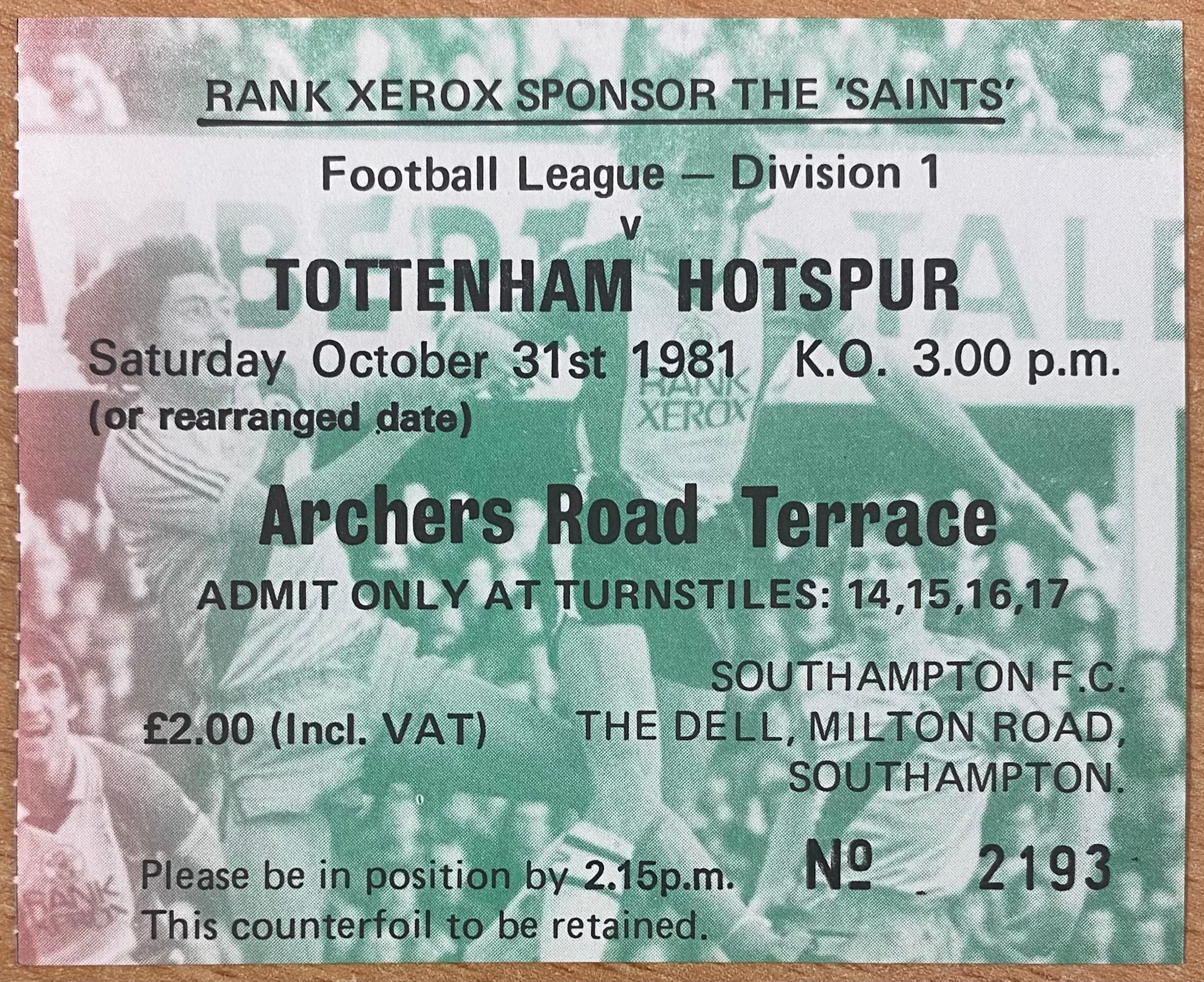 1981/82 ORIGINAL DIVISION ONE TICKET SOUTHAMPTON V TOTTENHAM HOTSPUR