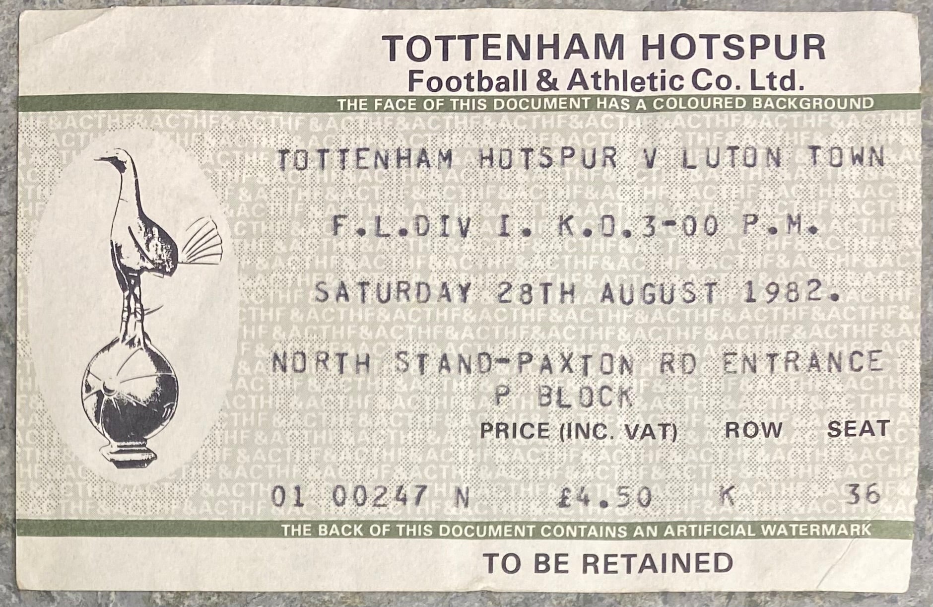 1982/83 ORIGINAL DIVISION ONE TICKET TOTTENHAM HOTSPUR V LUTON TOWN