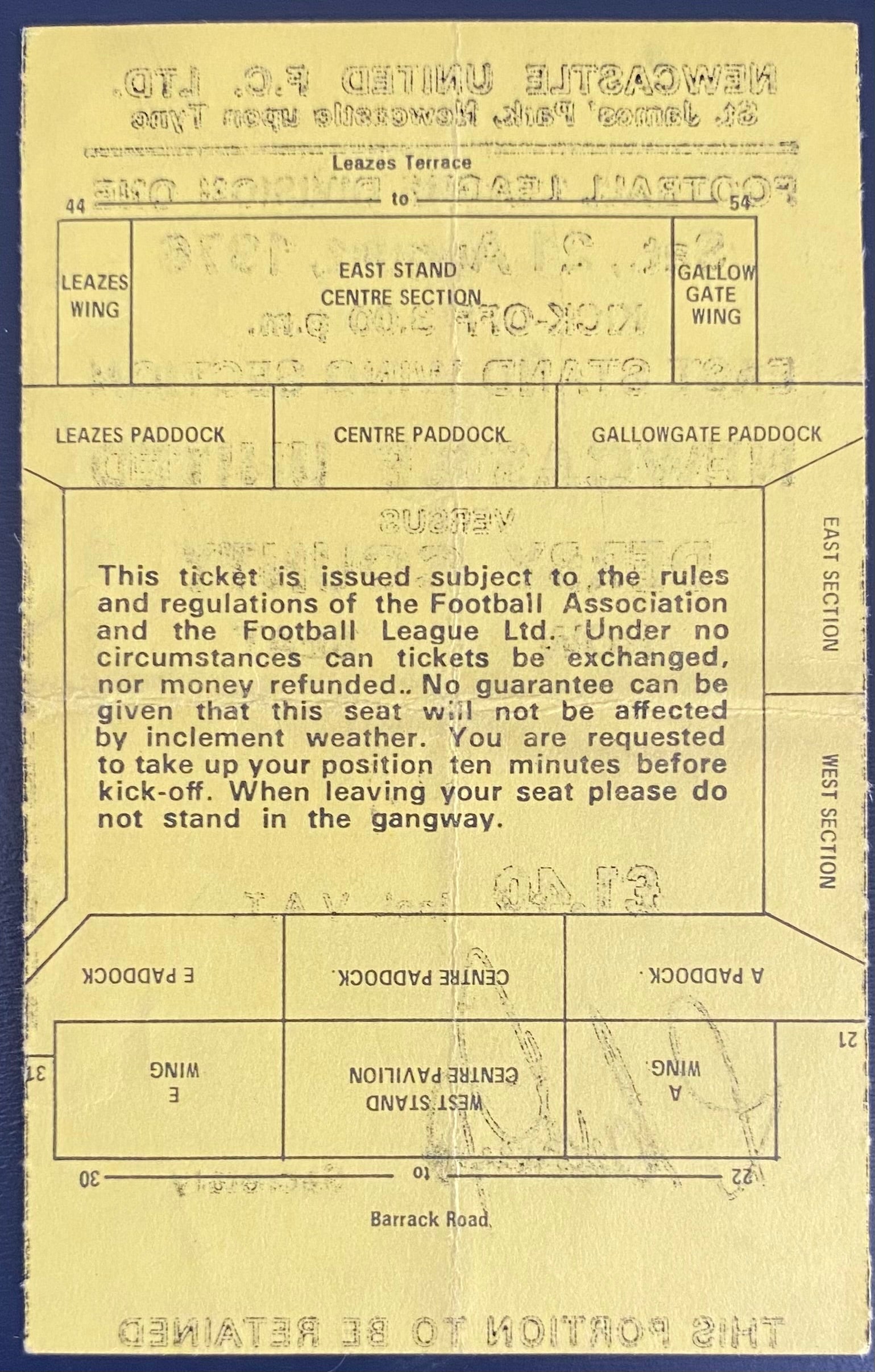 1976/77 ORIGINAL DIVISION 1 TICKET NEWCASTLE UNITED V DERBY COUNTY