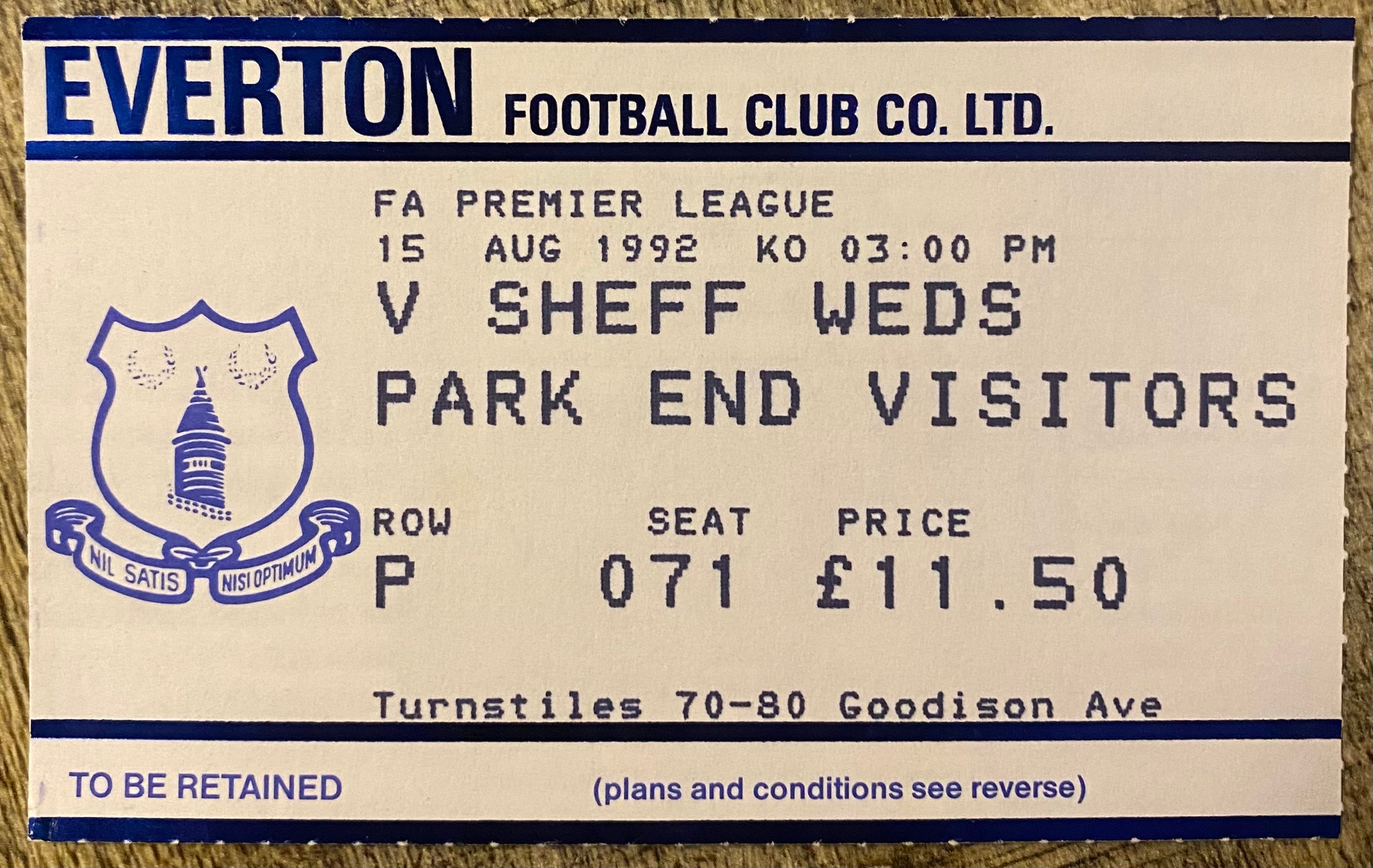 1992/93 ORIGINAL PREMIER LEAGUE TICKET EVERTON V SHEFFIELD WEDNESDAY