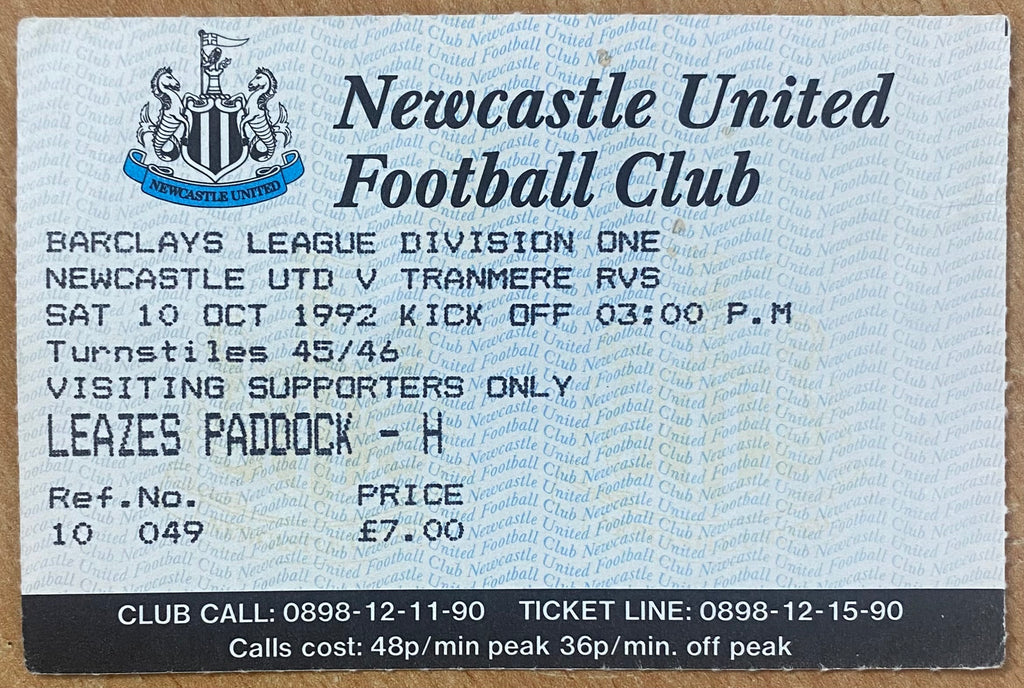 1992/93 ORIGINAL DIVISION 1 TICKET NEWCASTLE UNITED V TRANMERE ROVERS