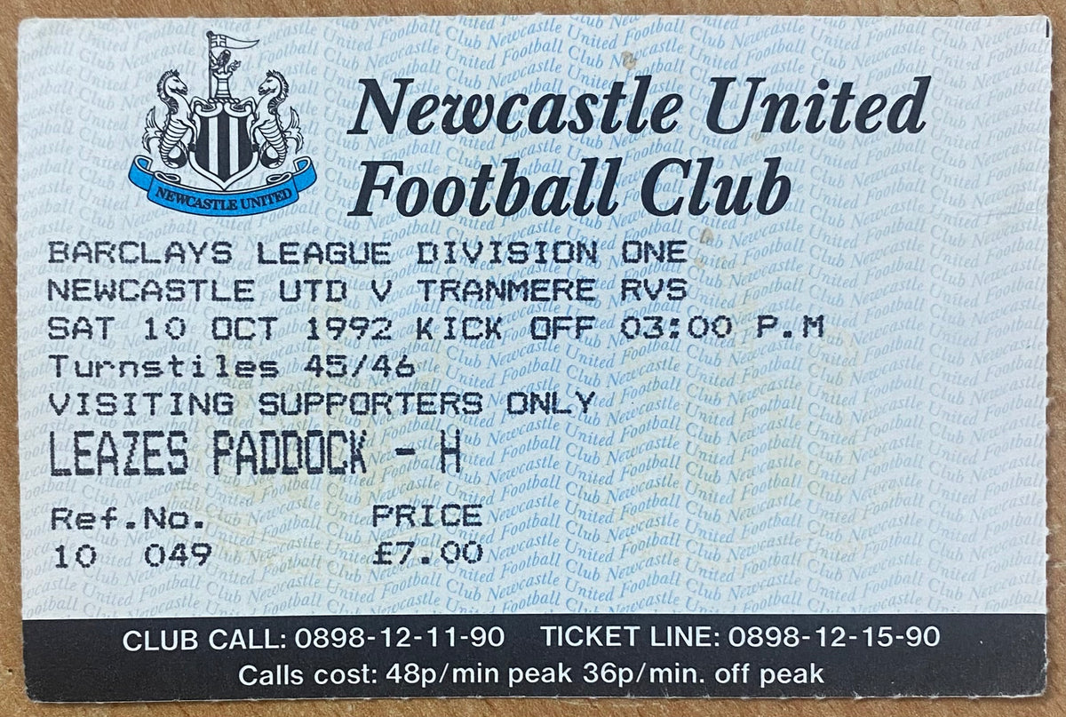 1992/93 ORIGINAL DIVISION 1 TICKET NEWCASTLE UNITED V TRANMERE ROVERS