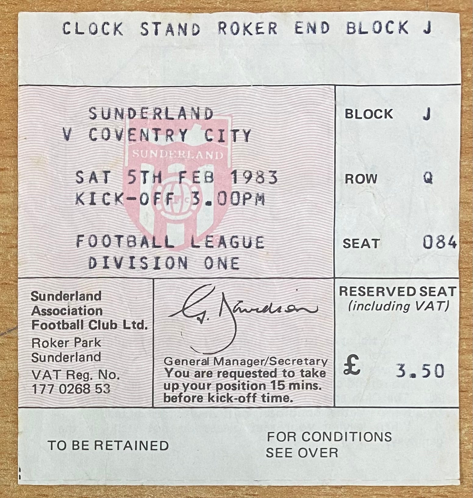 1982/83 ORIGINAL DIVISION 1 TICKET SUNDERLAND V COVENTRY CITY