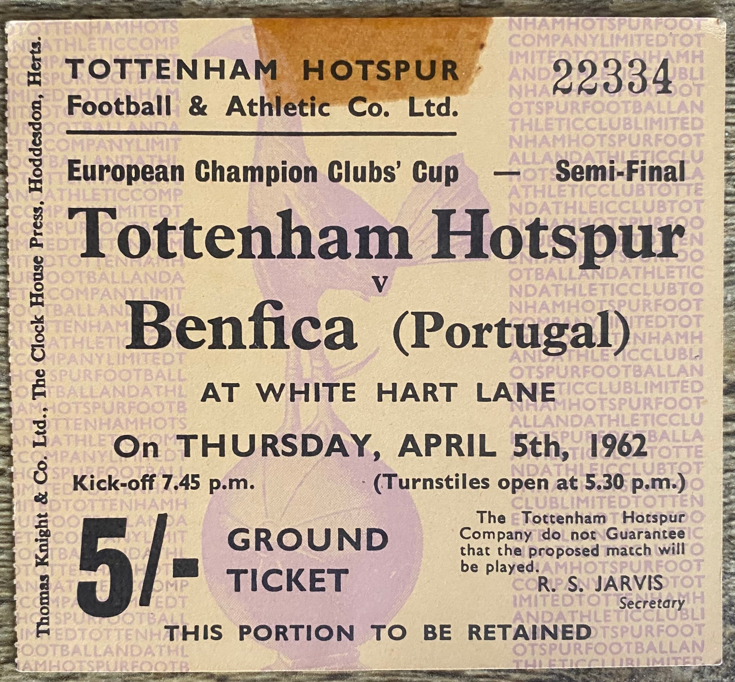1961/62 ORIGINAL EUROPEAN CUP SEMI FINAL 2ND LEG TICKET TOTTENHAM HOTSPUR V BENFICA