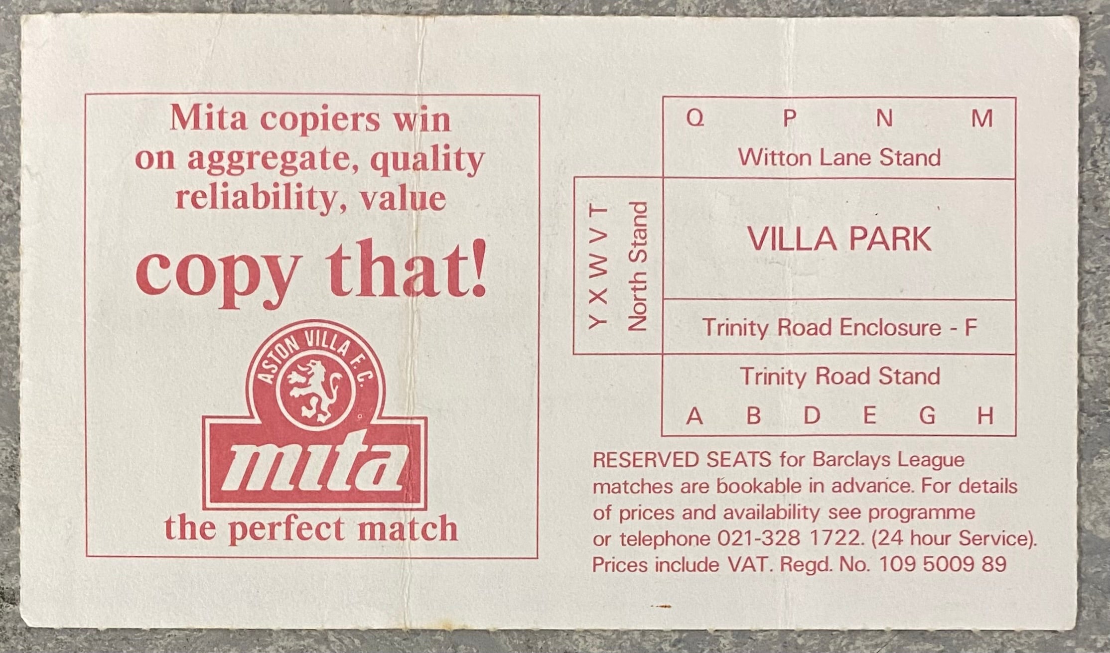 1989/90 ORIGINAL DIVISION ONE TICKET ASTON VILLA V LIVERPOOL