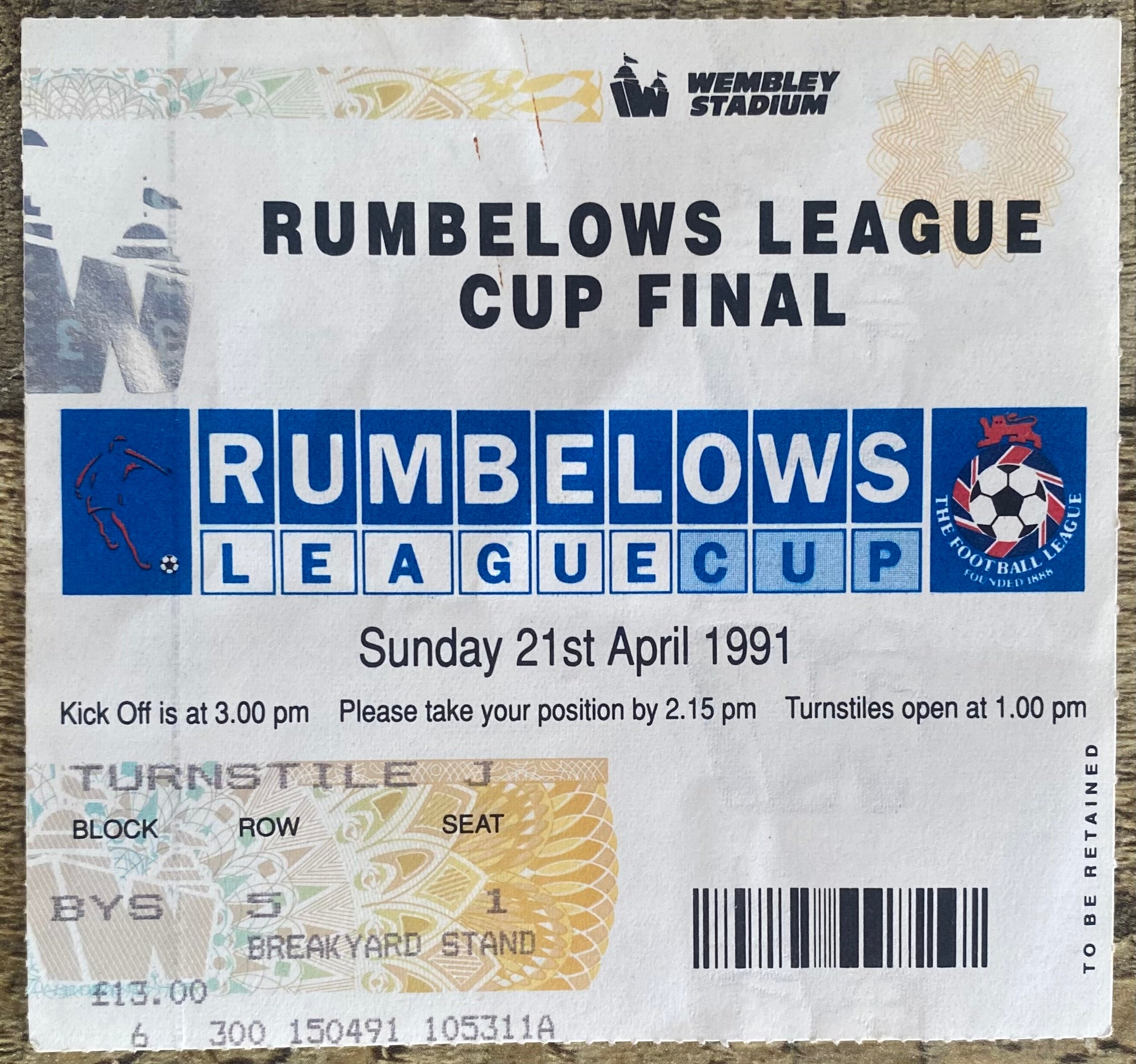 1991 ORIGINAL RUMBELOWS CUP FINAL TICKET MANCHESTER UNITED V SHEFFIELD WEDNESDAY