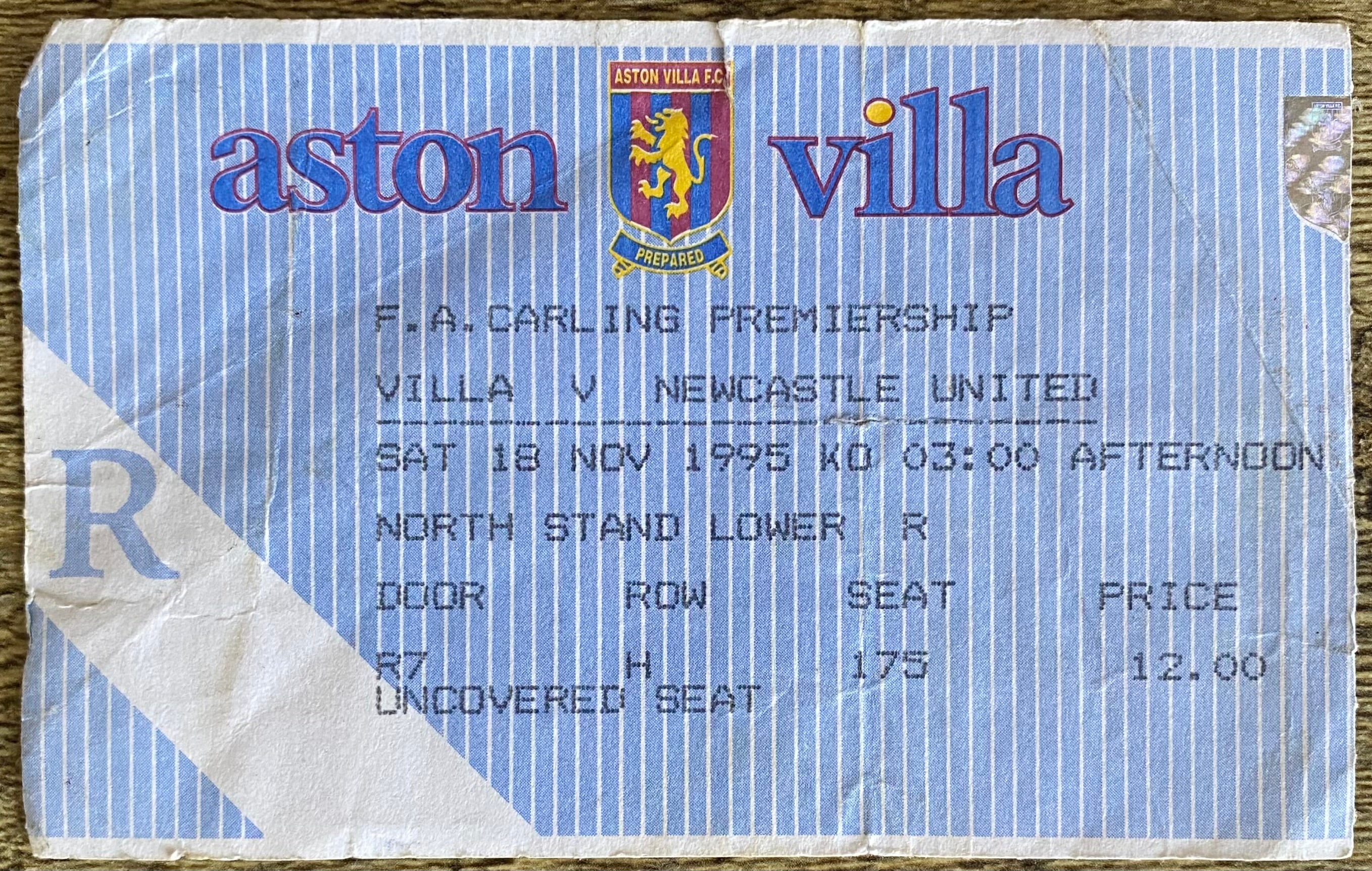 1995/96 ORIGINAL FA PREMIERSHIP TICKET ASTON VILLA V NEWCASTLE UNITED