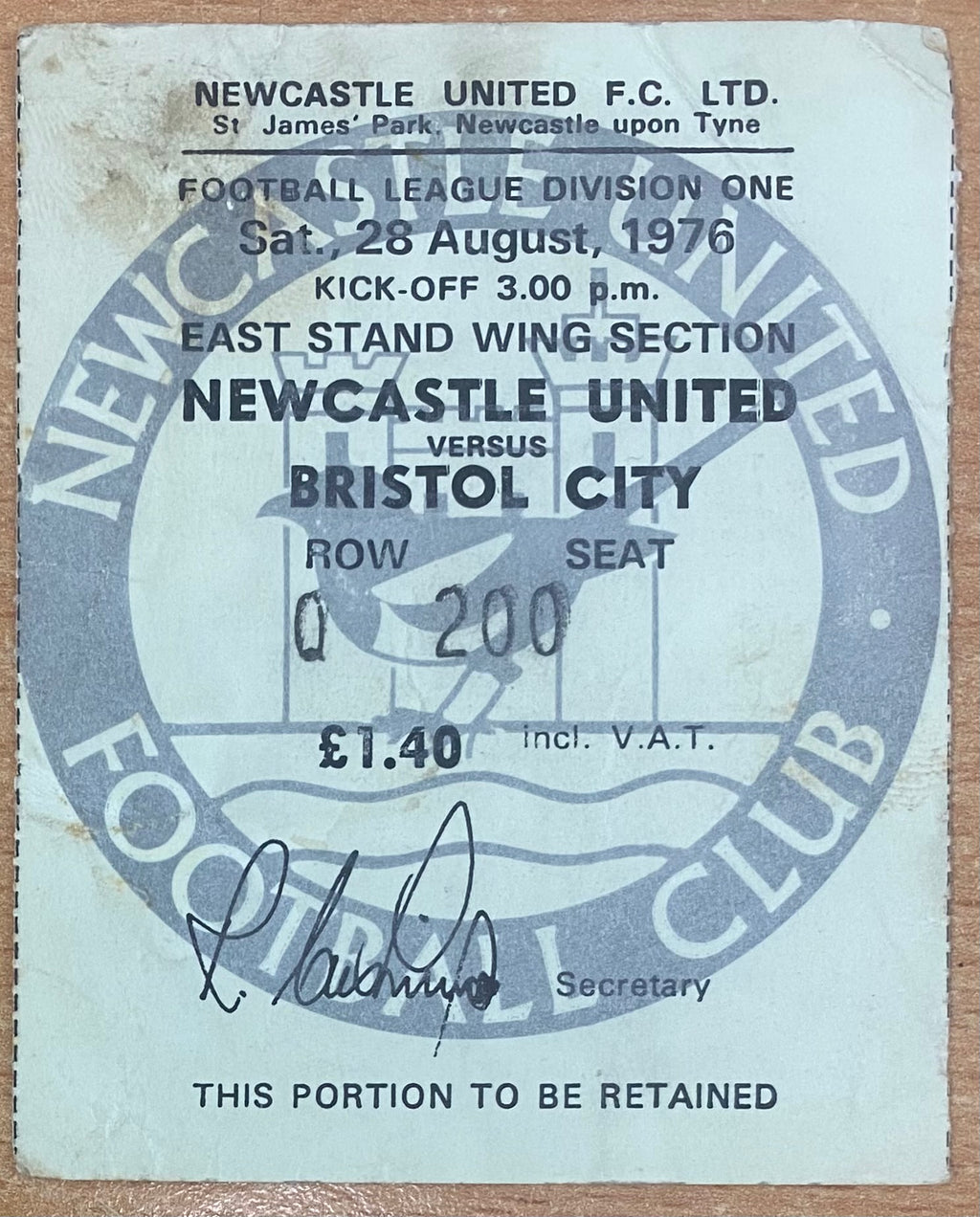 1976/77 ORIGINAL DIVISION 1 TICKET NEWCASTLE UNITED V BRISTOL CITY