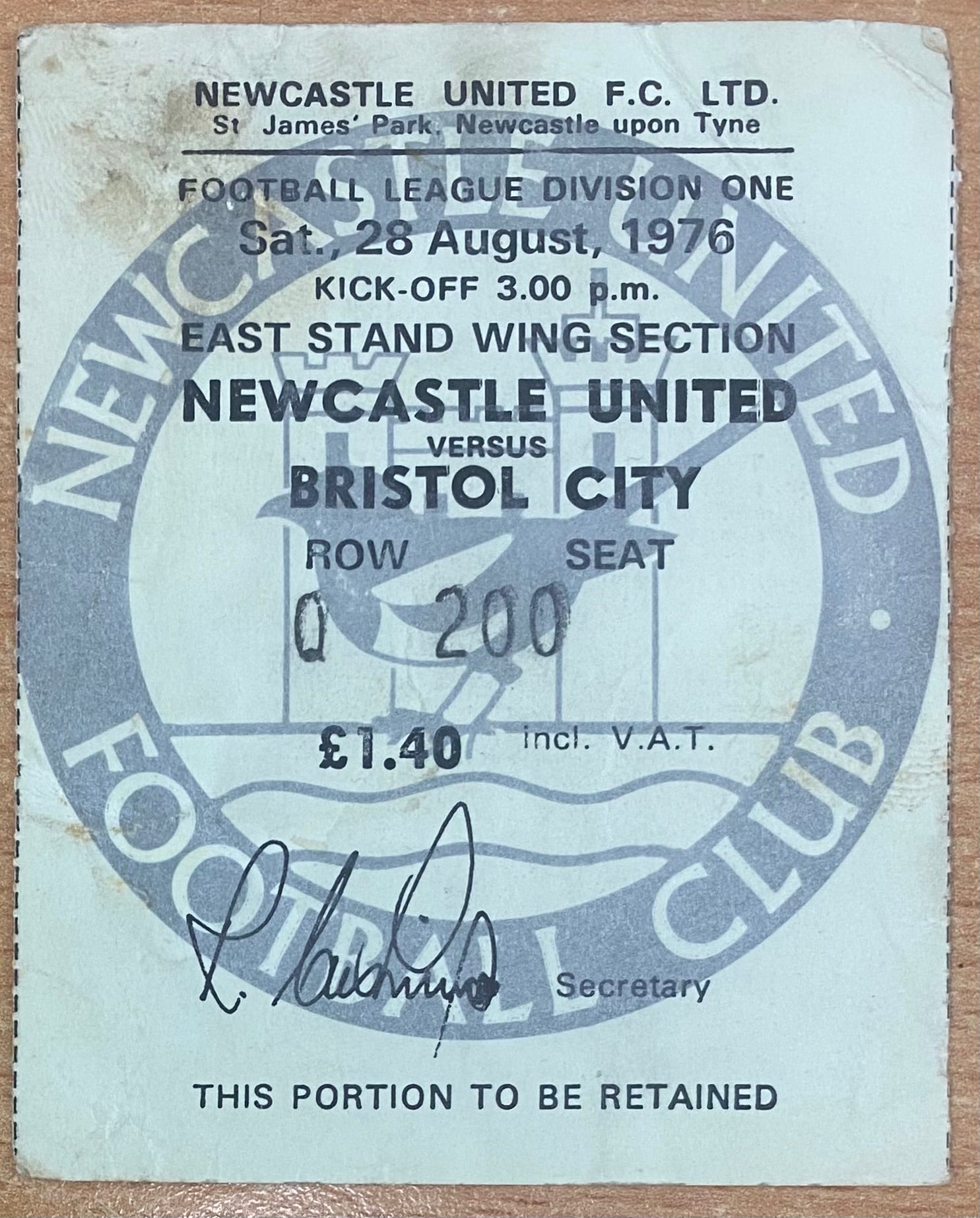 1976/77 ORIGINAL DIVISION 1 TICKET NEWCASTLE UNITED V BRISTOL CITY