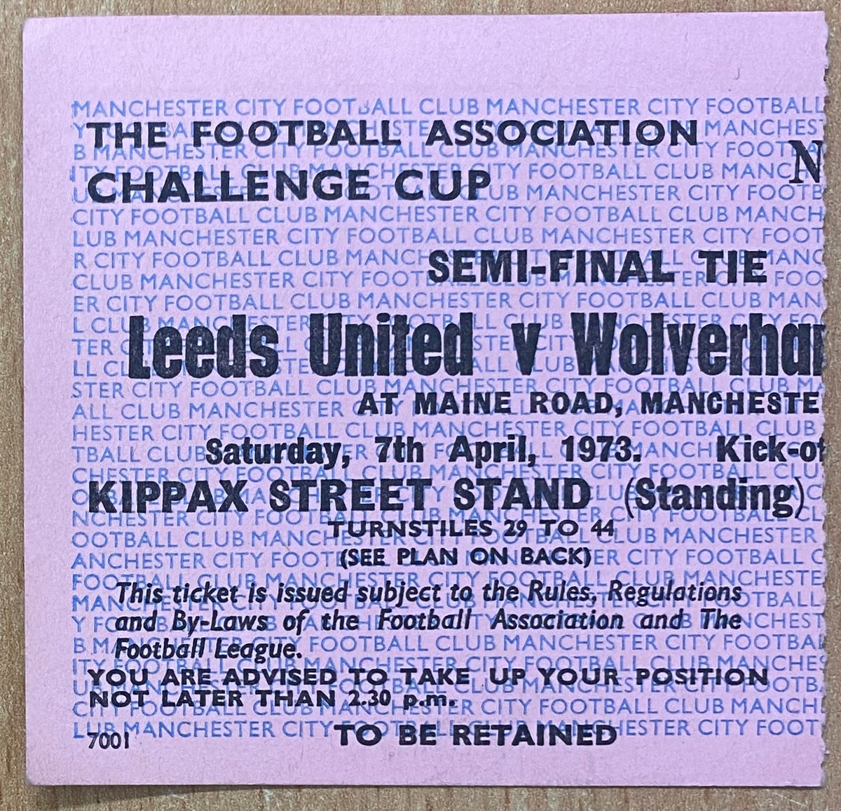 1973 ORIGINAL FA CUP SEMI FINAL TICKET LEEDS UNITED V WOLVERHAMPTON WANDERERS @ MAINE ROAD
