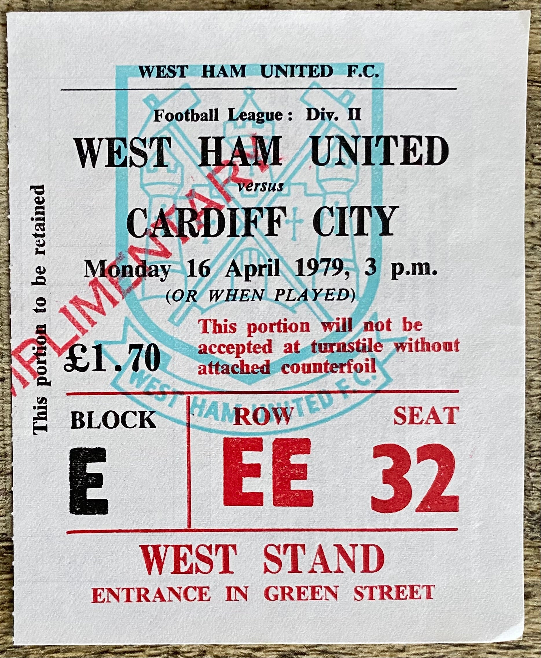 1978/79 ORIGINAL DIVISION 2 TICKET WEST HAM UNITED V CARDIFF CITY
