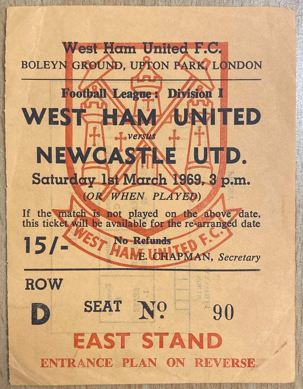 1968/69 ORIGINAL DIVISION 1 TICKET WEST HAM UNITED V NEWCASTLE UNITED