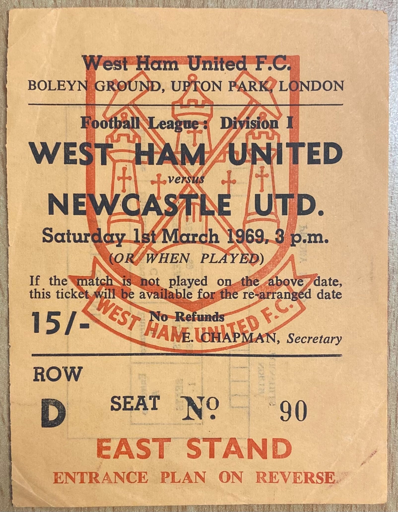 1968/69 ORIGINAL DIVISION 1 TICKET WEST HAM UNITED V NEWCASTLE UNITED