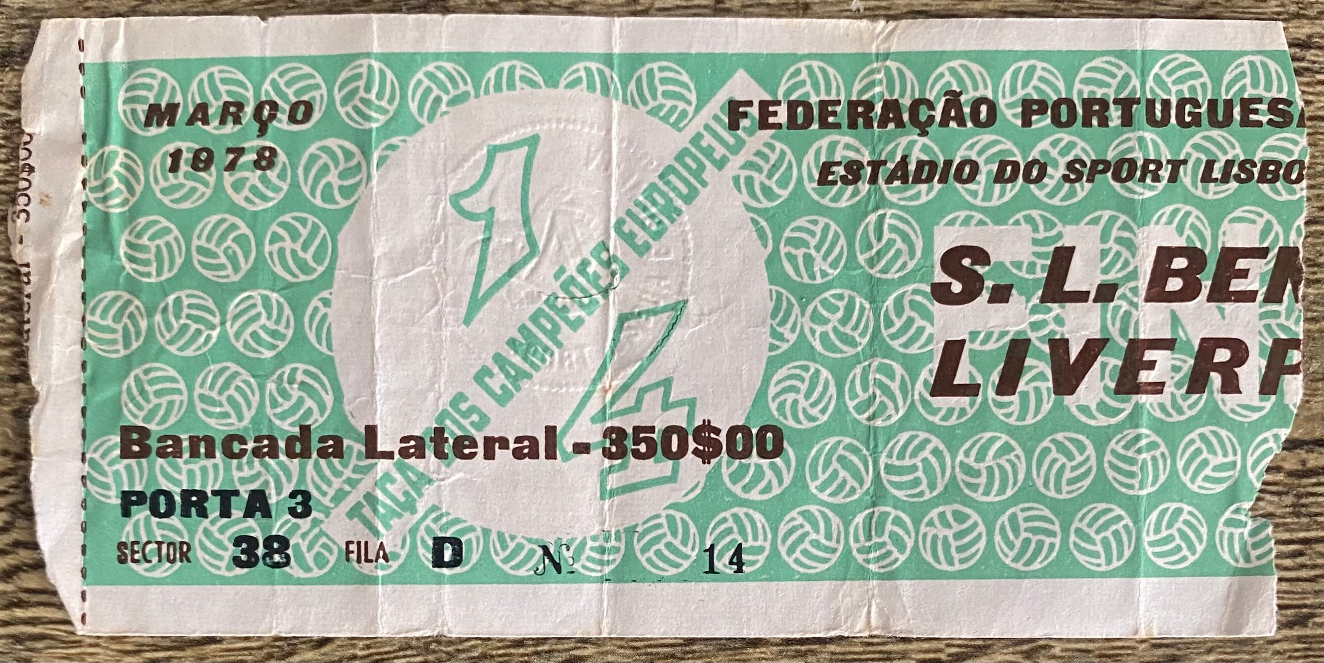 1977/78 ORIGINAL EUROPEAN CUP QUARTER FINAL 1ST LEG TICKET BENFICA V LIVERPOOL